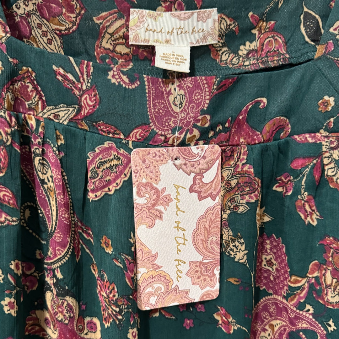 BAND OF THE FREE Mandy Floral Pine Berry Sheer Sleeve Dress Ruffle Hem