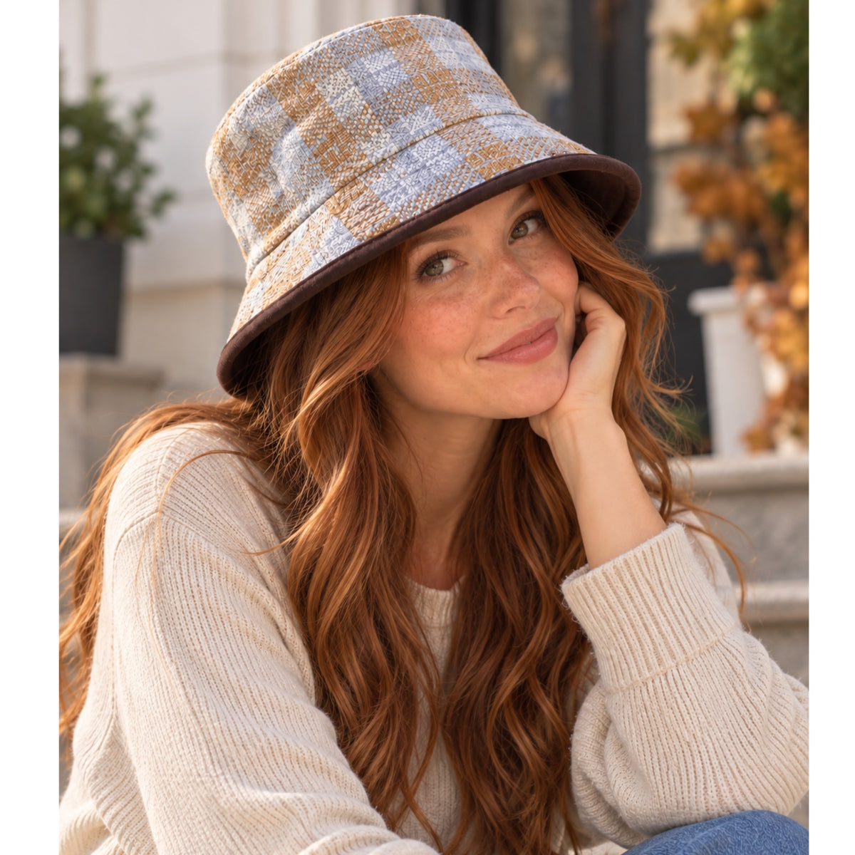 Reversible Plaid Bucket Hat – Blue & Beige Tweed with Dark Brown Trim