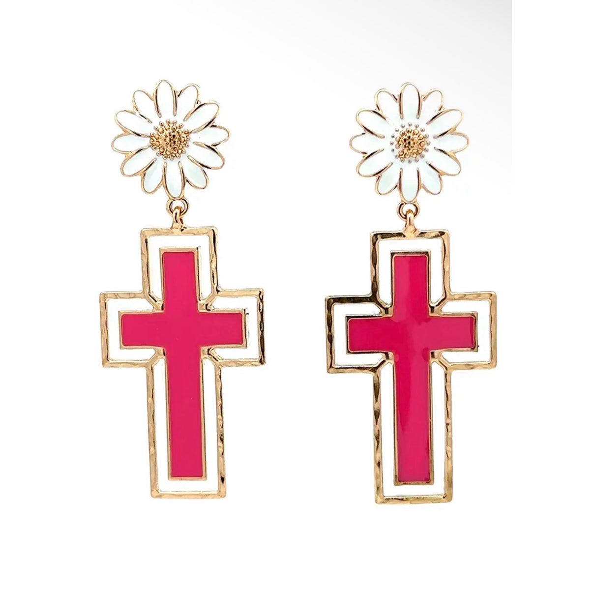 Pink Cross Daisy Dangle Earrings Gold Tone Metal Floral Statement Jewelry