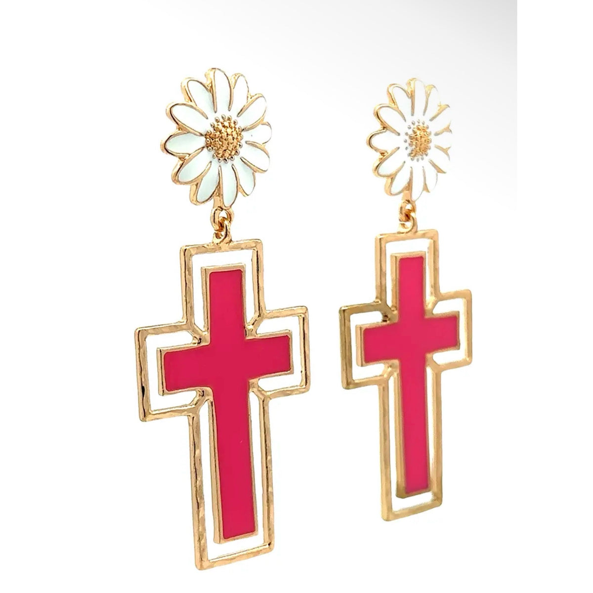 Pink Cross Daisy Dangle Earrings Gold Tone Metal Floral Statement Jewelry