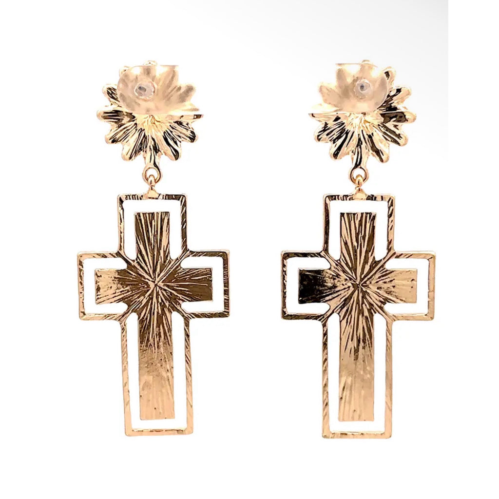 Pink Cross Daisy Dangle Earrings Gold Tone Metal Floral Statement Jewelry