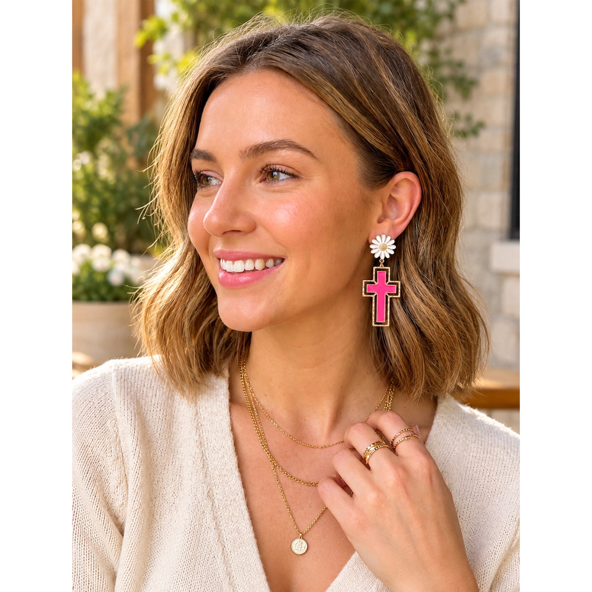 Pink Cross Daisy Dangle Earrings Gold Tone Metal Floral Statement Jewelry