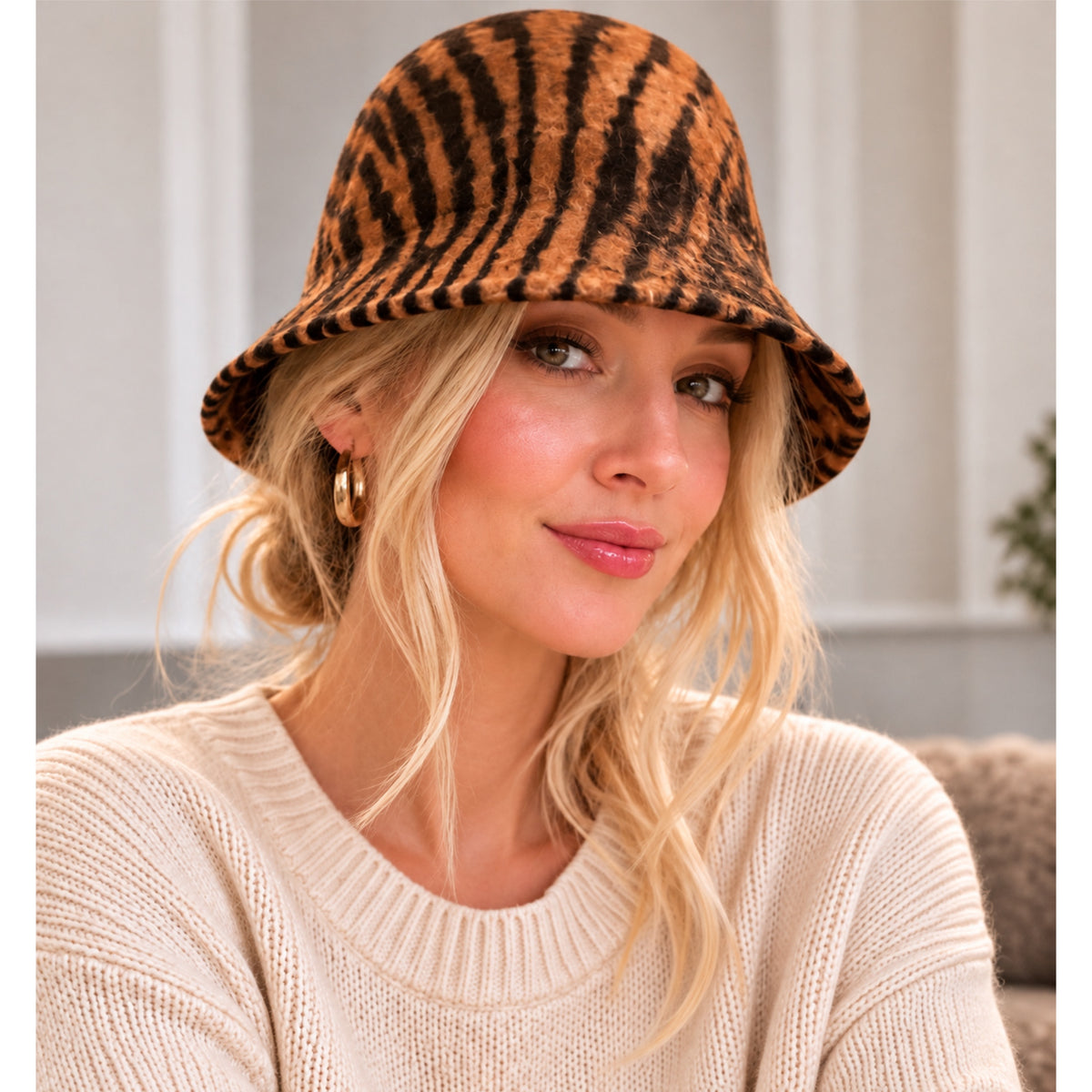 100% Wool Tiger Print Cloche Hat in Brown Black Animal Print