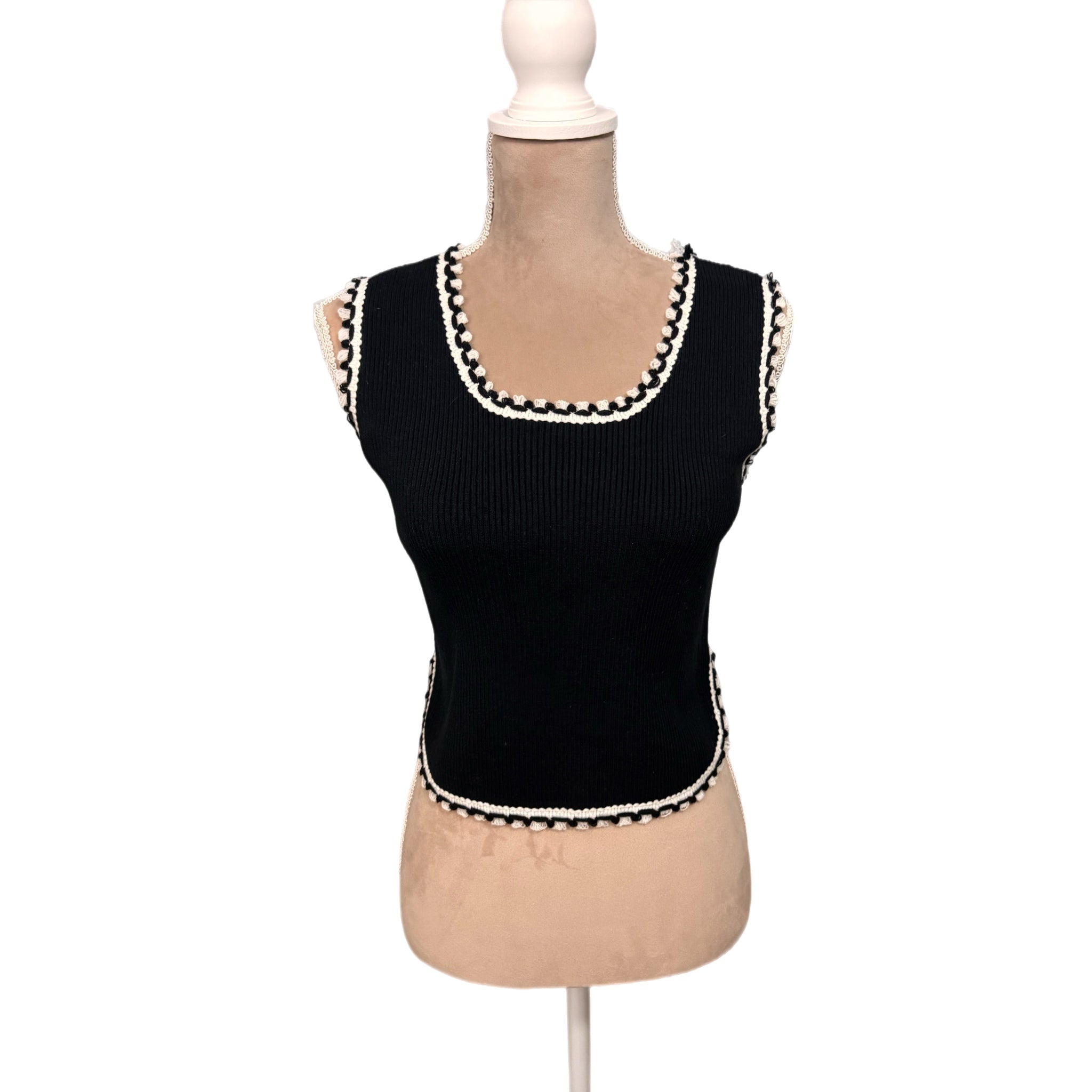 POL Bella Ribbed Knit Tank Vest Crochet Trim Black/White