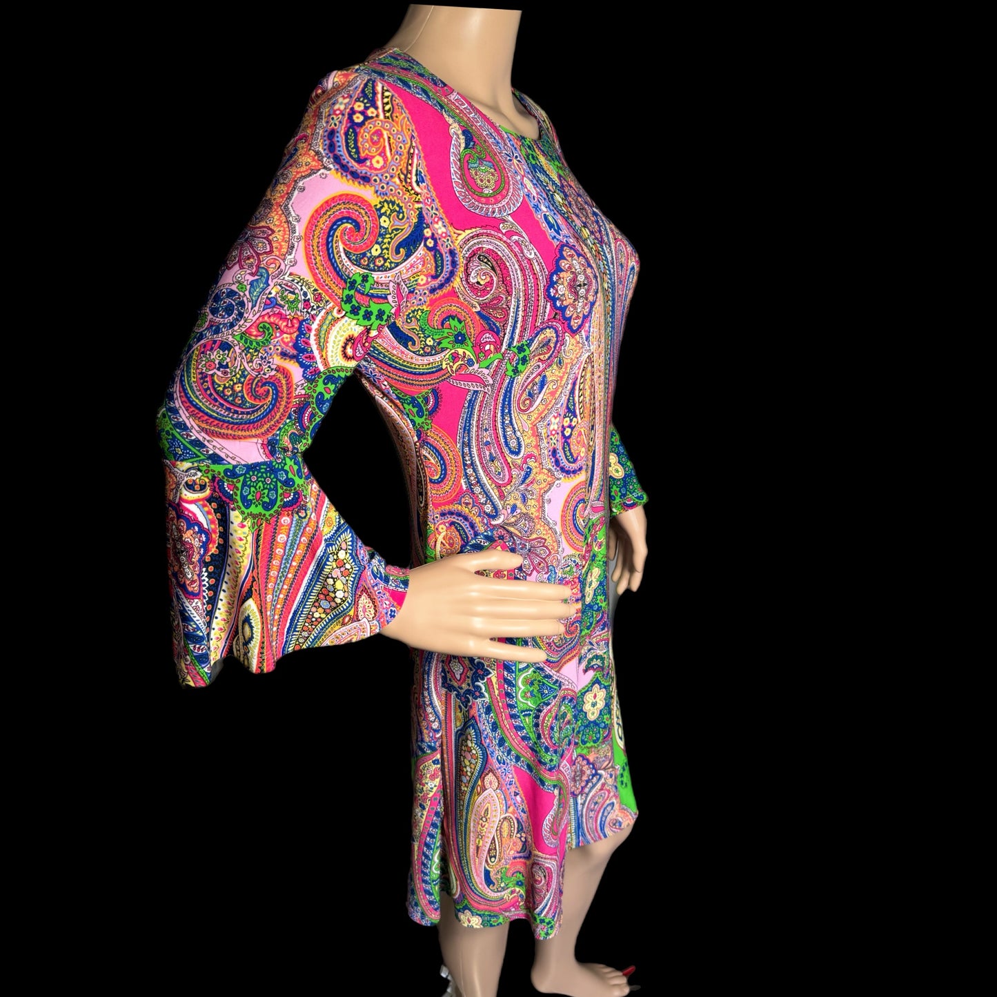 TOMMY HILFIGER A Line Dress Size 8 Medium Colorful Paisley Bell Sleeve Boho