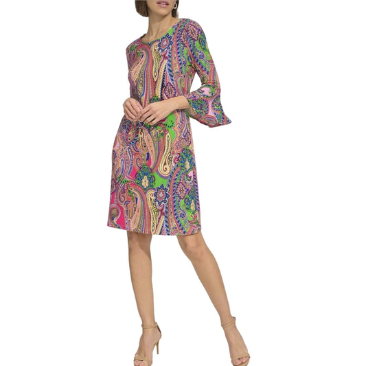 TOMMY HILFIGER A Line Dress Size 8 Medium Colorful Paisley Bell Sleeve Boho