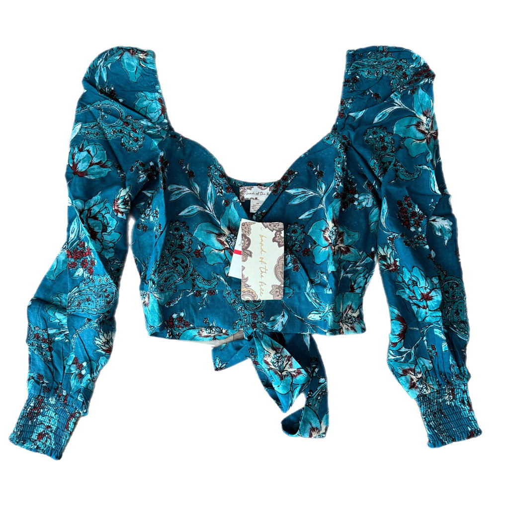 BAND OF THE FREE Sybille Teal Boho Floral Long Sleeve Crop Blouse