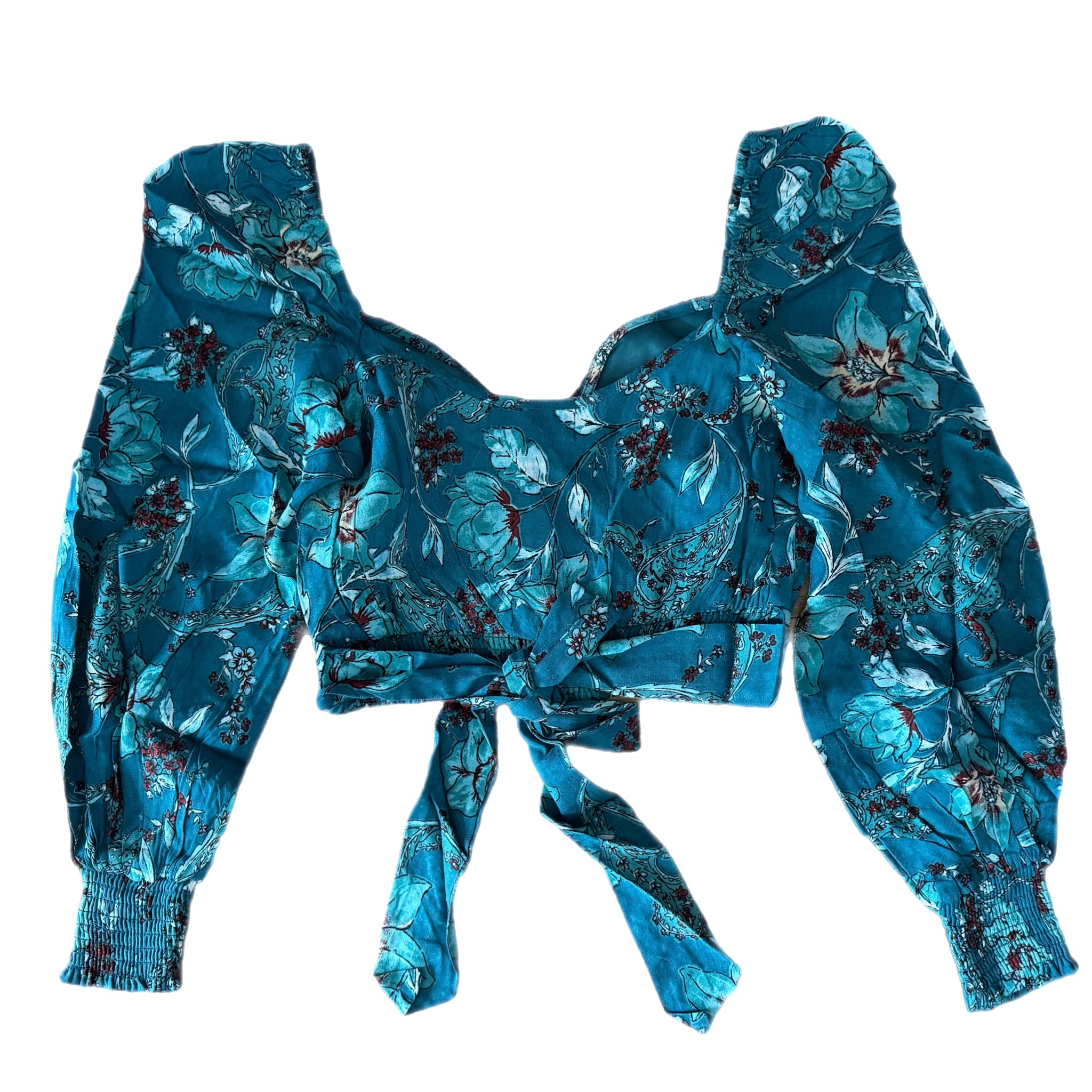 BAND OF THE FREE Sybille Teal Boho Floral Long Sleeve Crop Blouse