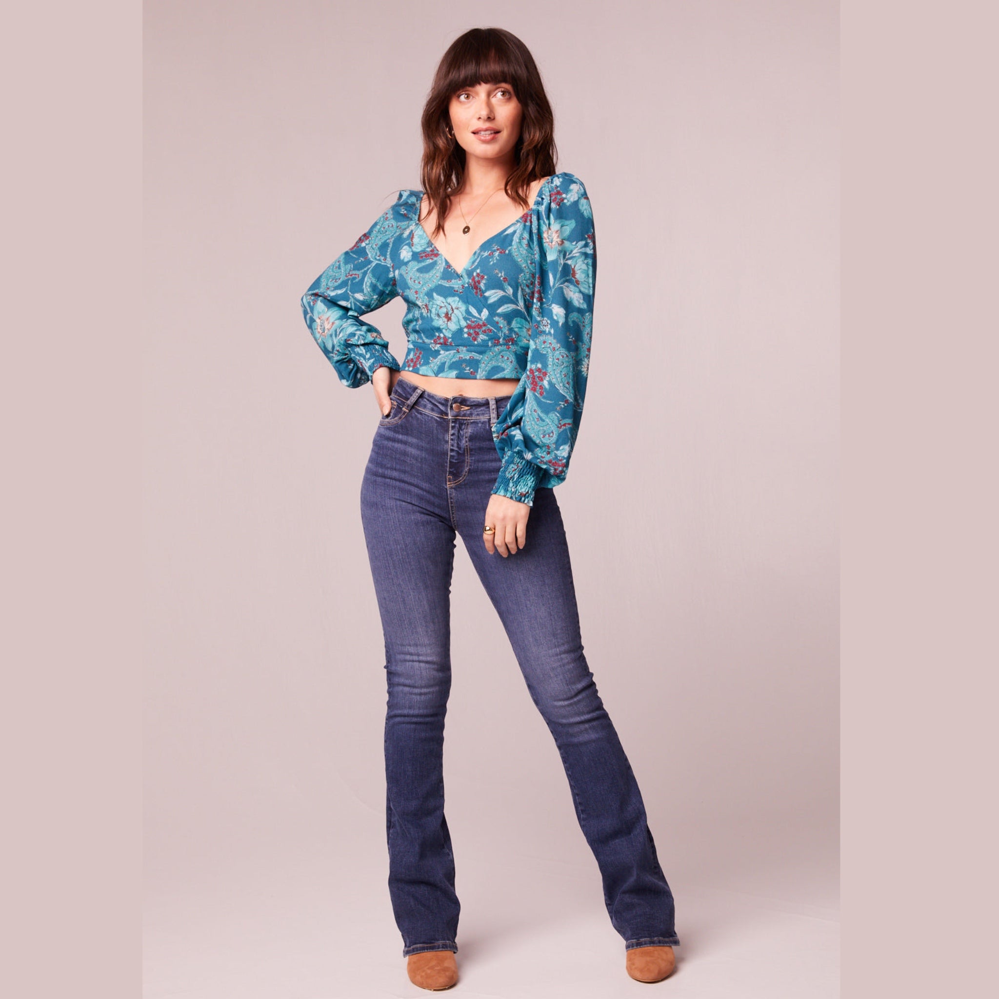 BAND OF THE FREE Sybille Teal Boho Floral Long Sleeve Crop Blouse