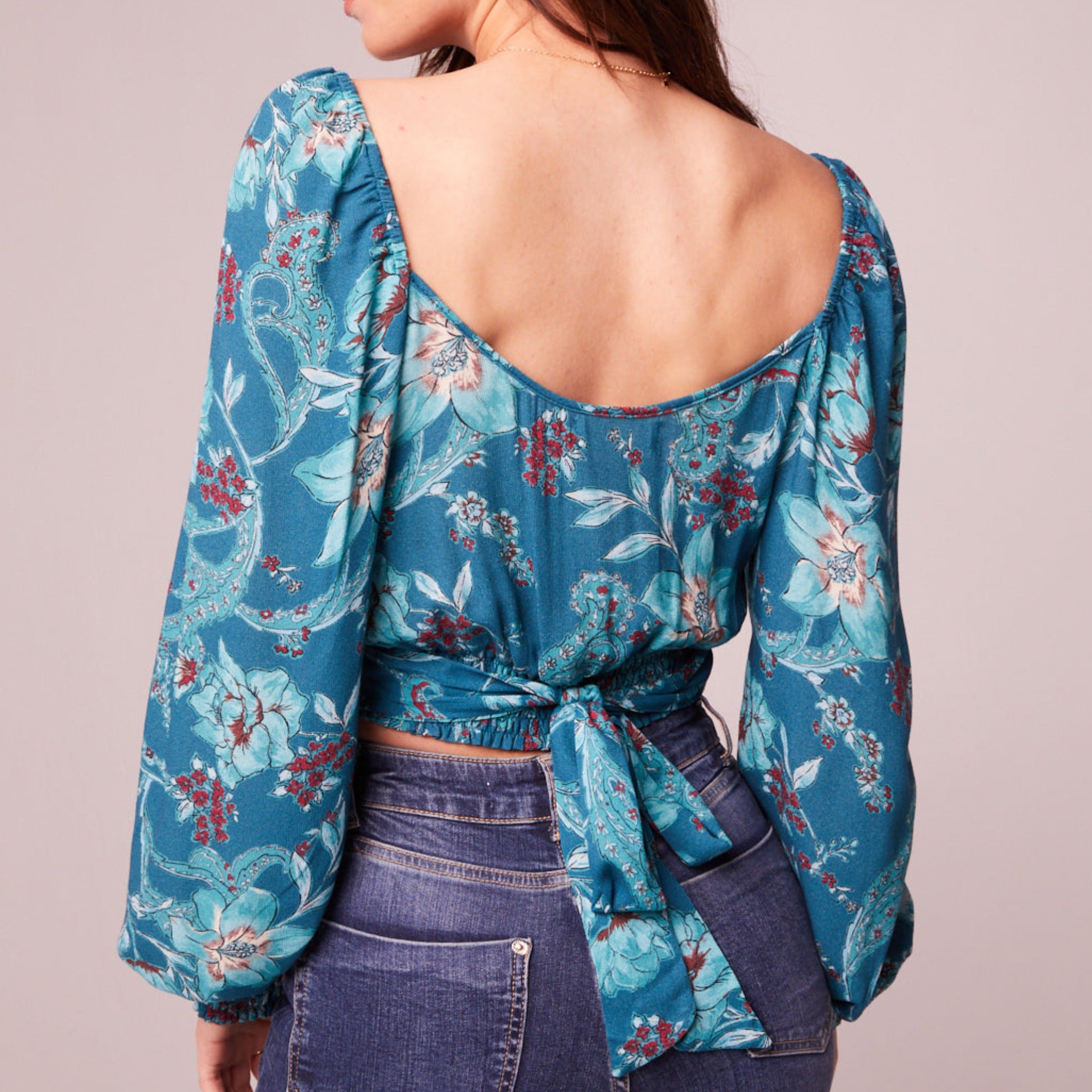 BAND OF THE FREE Sybille Teal Boho Floral Long Sleeve Crop Blouse