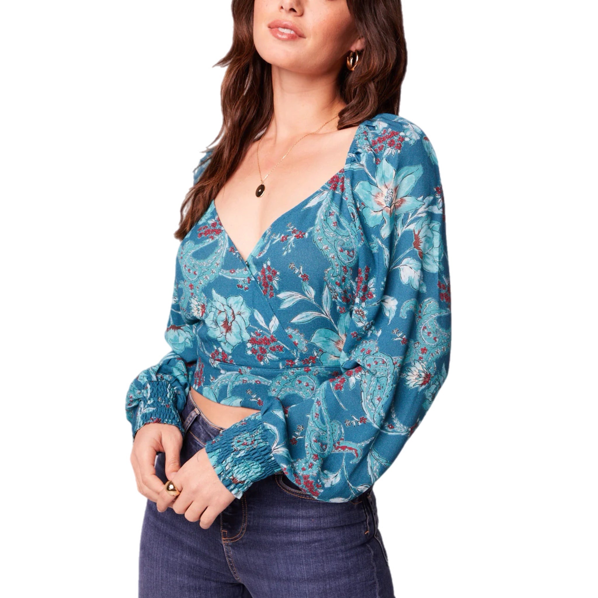 BAND OF THE FREE Sybille Teal Boho Floral Long Sleeve Crop Blouse