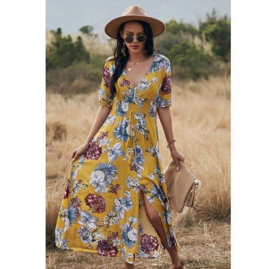 V Neck Floral Short Sleeve Long Dress in Summer Yellow (S-XL)