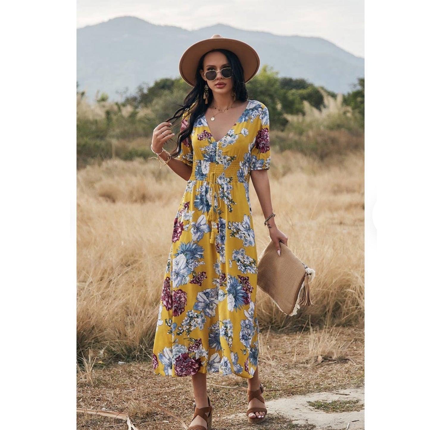 V Neck Floral Short Sleeve Long Dress in Summer Yellow (S-XL)