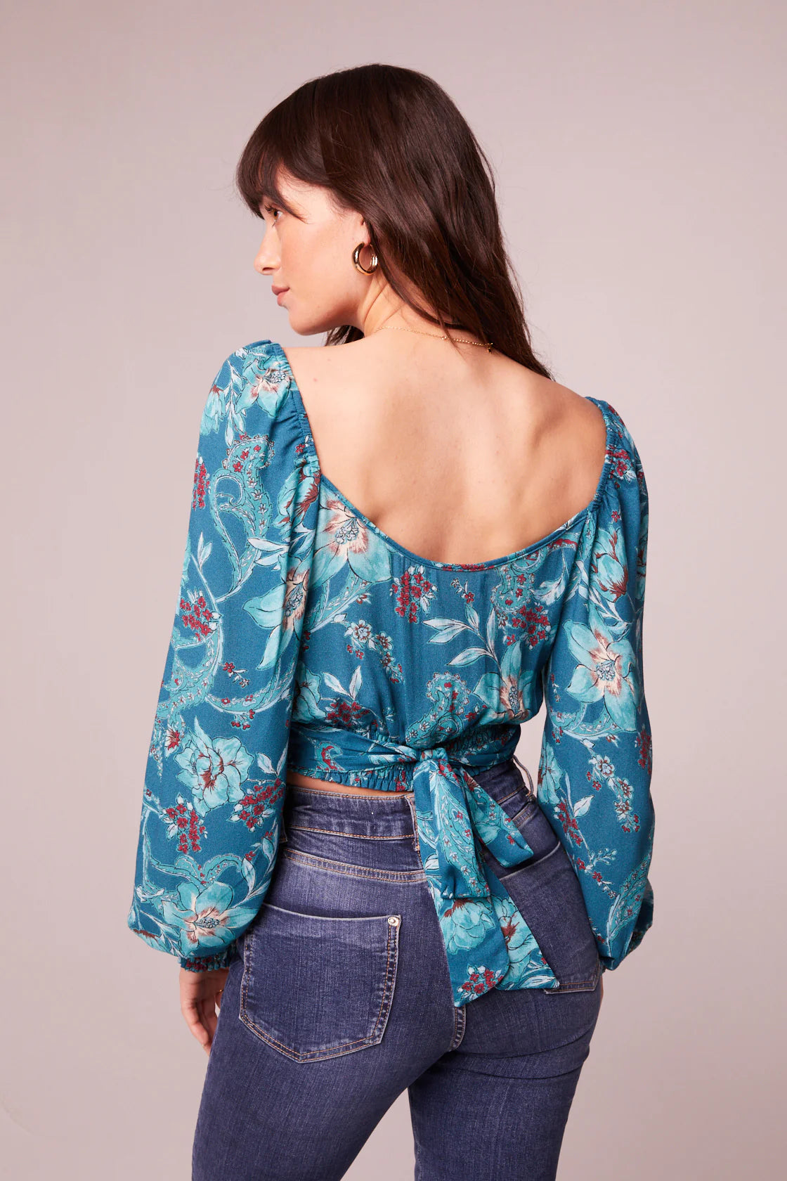 BAND OF THE FREE Sybille Teal Boho Floral Long Sleeve Crop Blouse