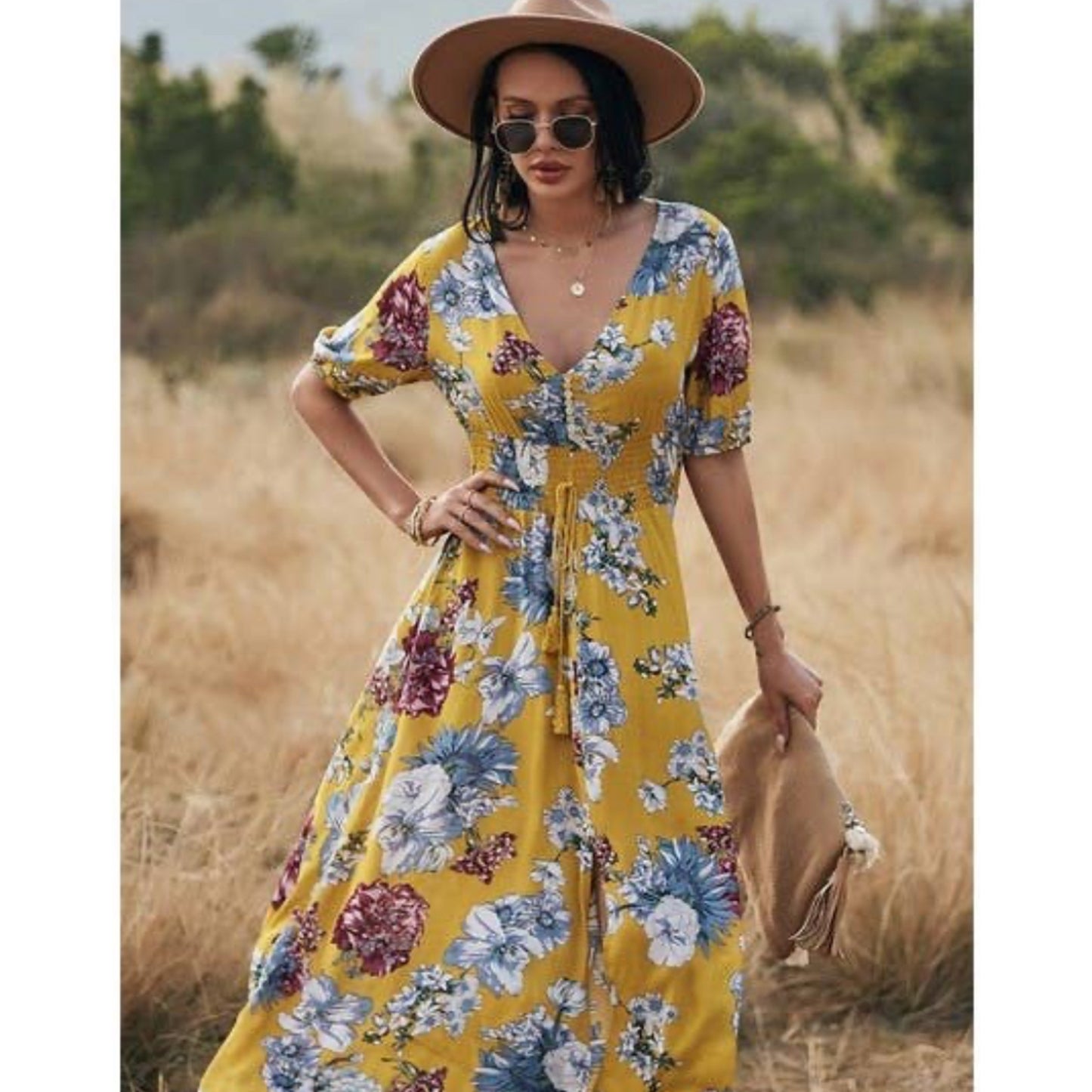 V Neck Floral Short Sleeve Long Dress in Summer Yellow (S-XL)