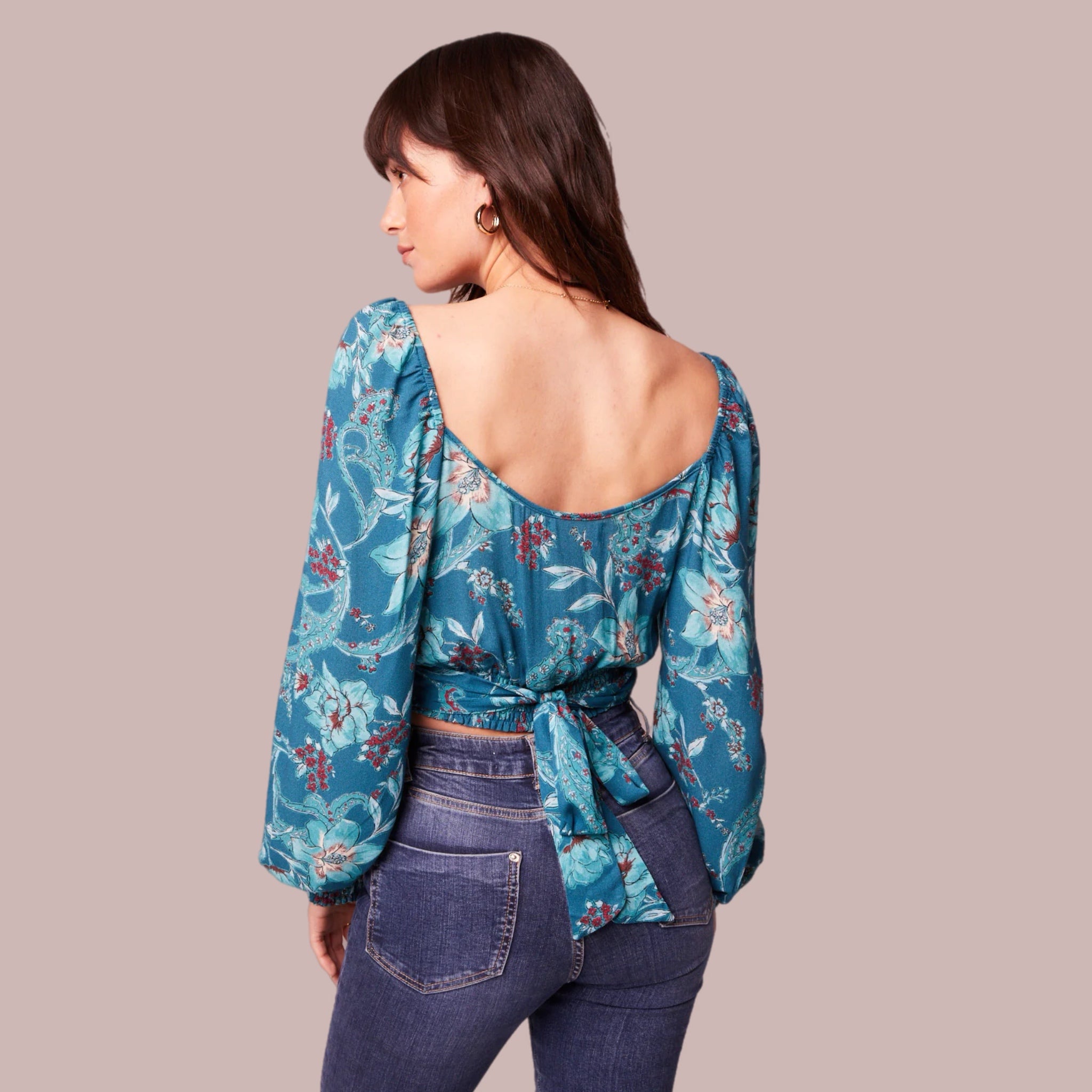 BAND OF THE FREE Sybille Teal Boho Floral Long Sleeve Crop Blouse