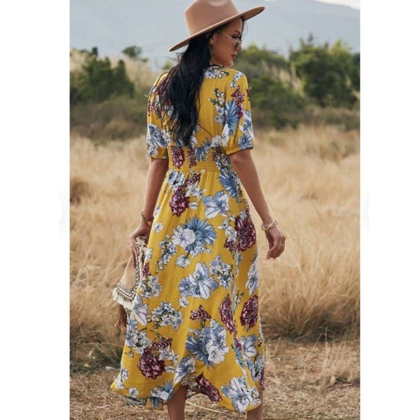 V Neck Floral Short Sleeve Long Dress in Summer Yellow (S-XL)