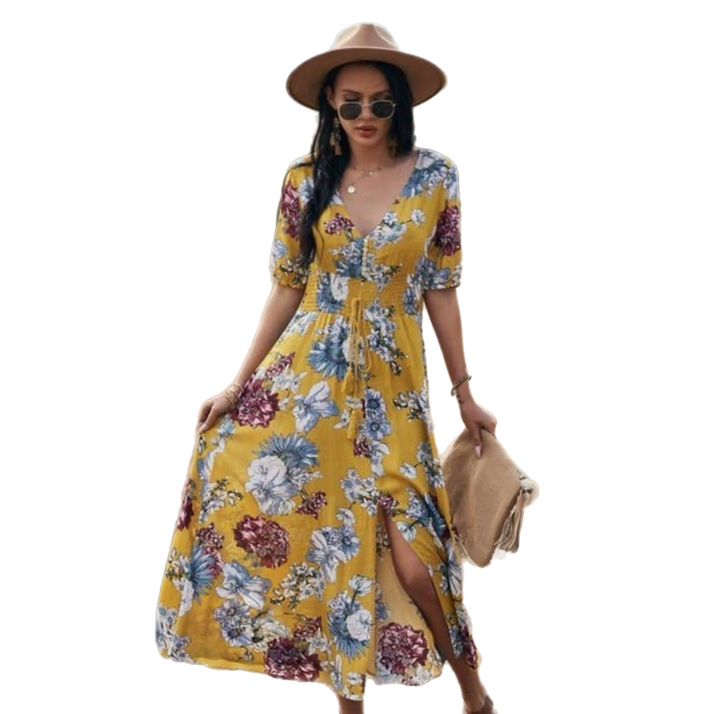 V Neck Floral Short Sleeve Long Dress in Summer Yellow (S-XL)