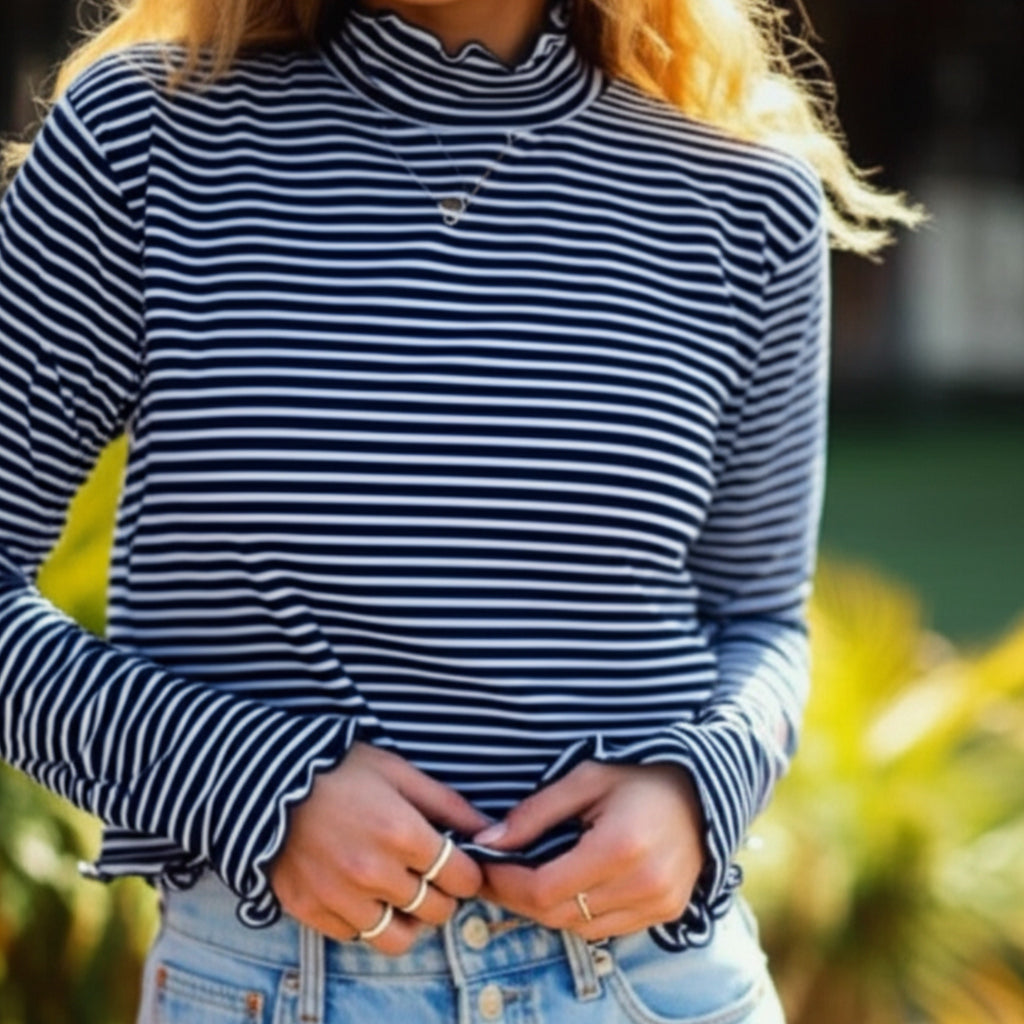Flag & Anthem Boho Navy White Striped Top Mock Neck Long Sleeve Knit