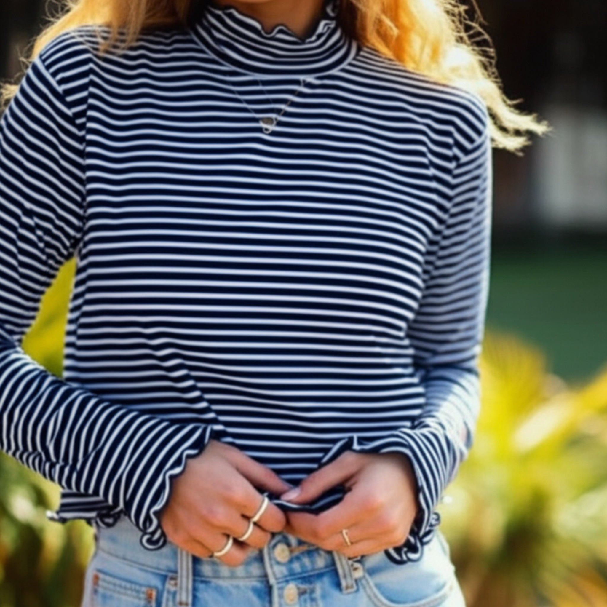 Flag & Anthem Boho Navy White Striped Top Mock Neck Long Sleeve Knit