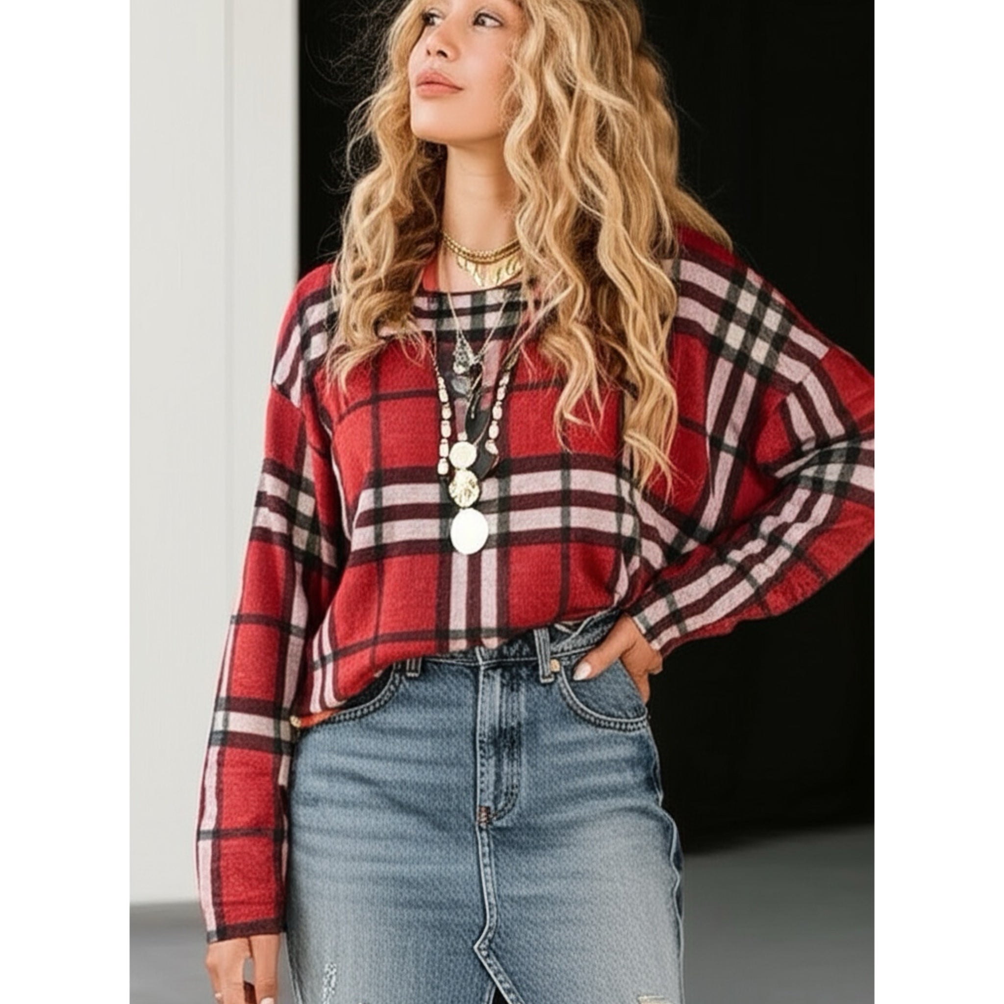 FIRST LOVE by Lovelyn Autumn Rust Plaid Light Knit Top Sweater S, M, L
