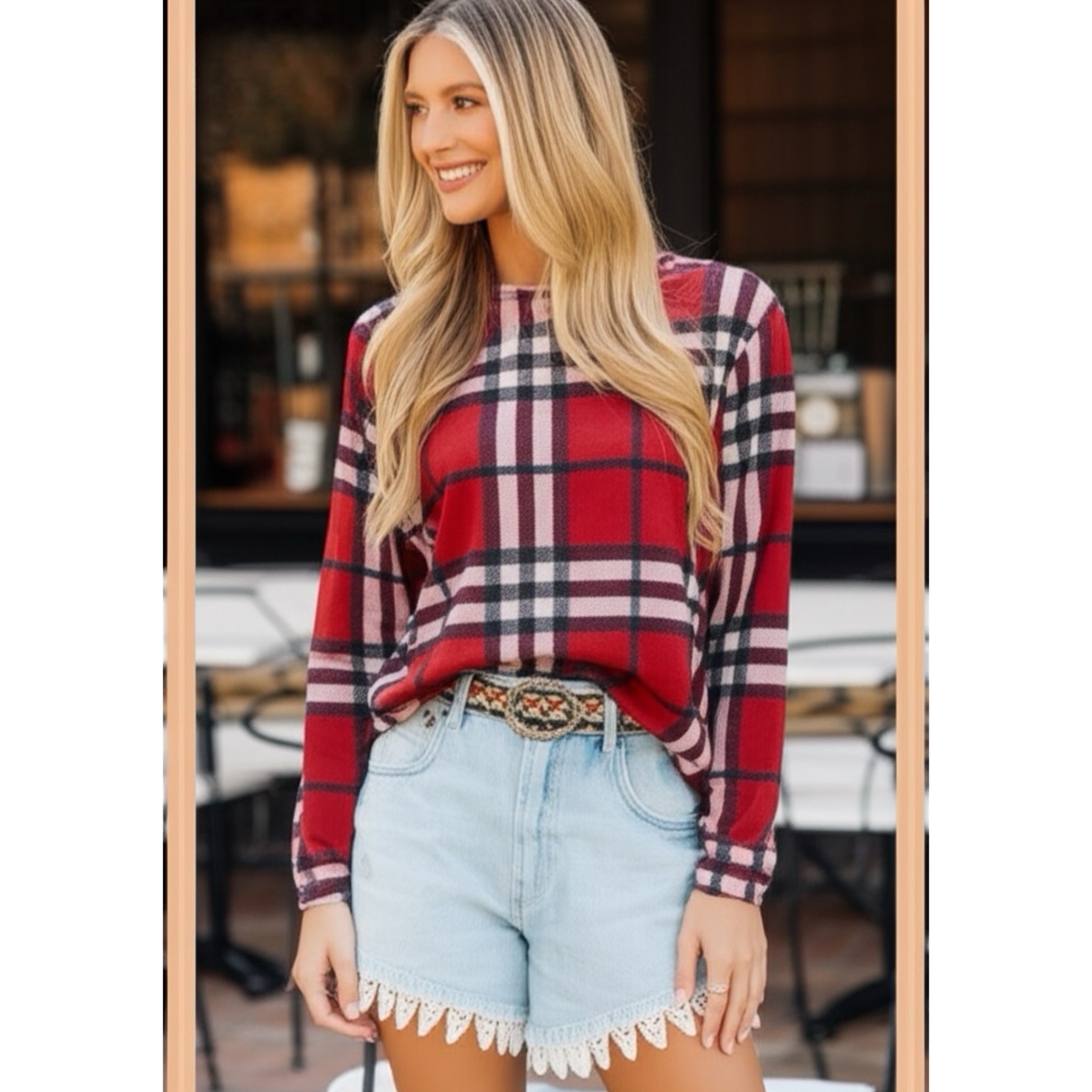 FIRST LOVE by Lovelyn Autumn Rust Plaid Light Knit Top Sweater S, M, L