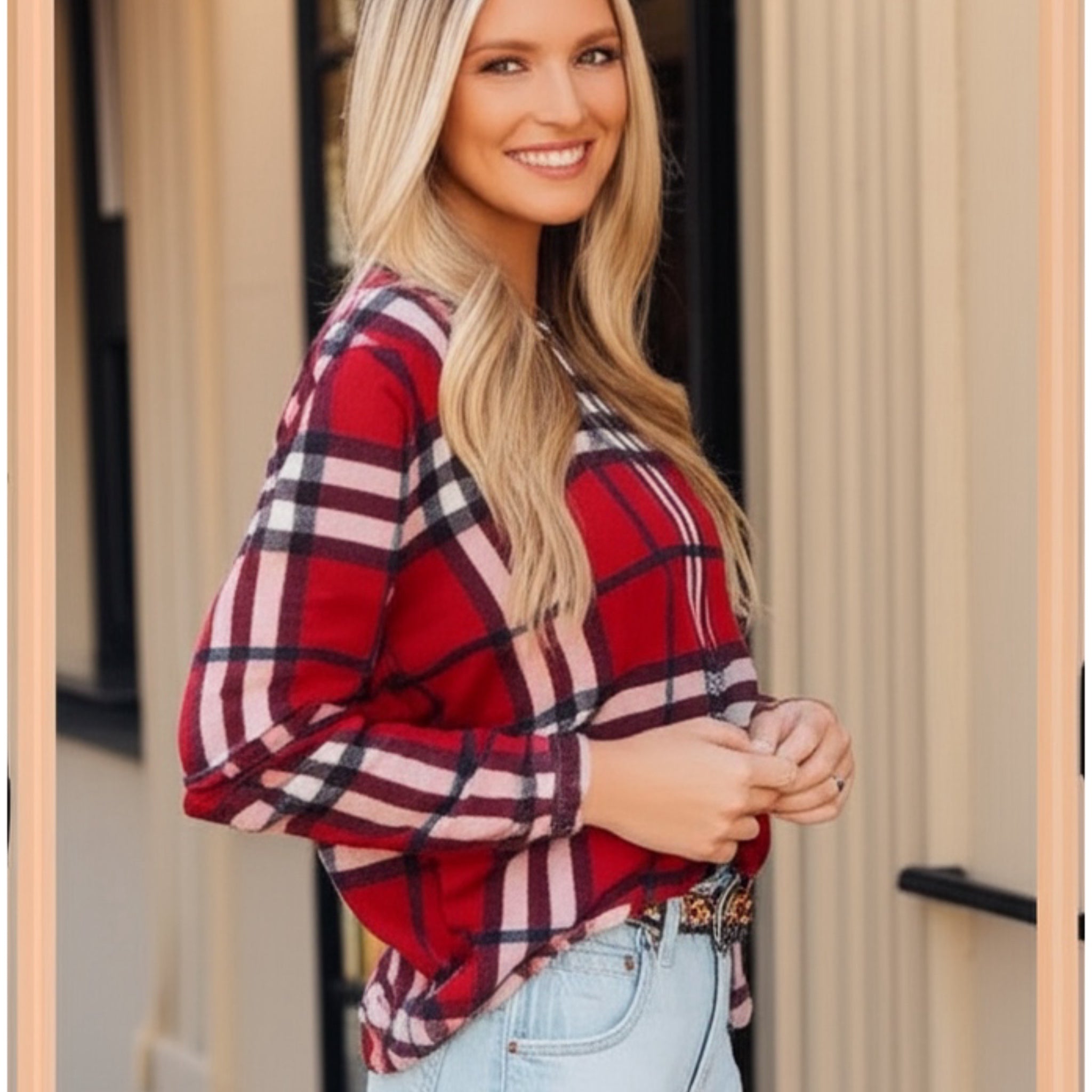 FIRST LOVE by Lovelyn Autumn Rust Plaid Light Knit Top Sweater S, M, L