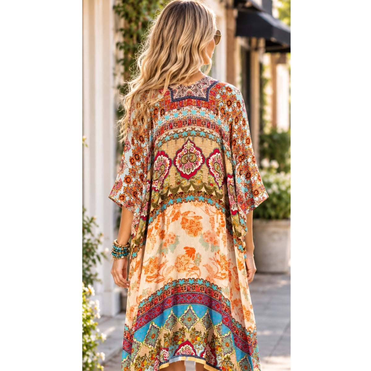 Cairo Boho Mosaic Floral Kimono Multi Color Off-White Cover Up Top