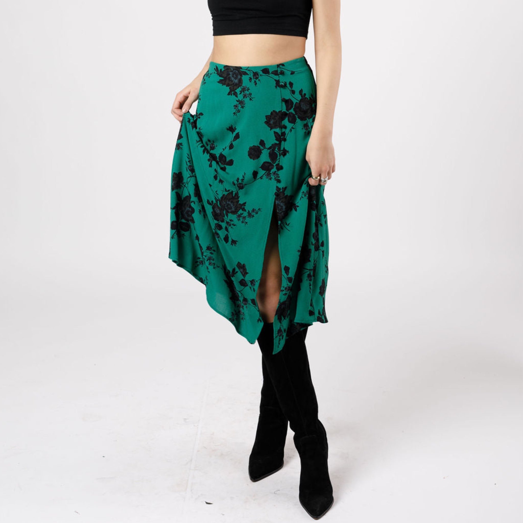 BAND OF THE FREE Etta Emerald Floral Midi Skirt Green Black Front Slit