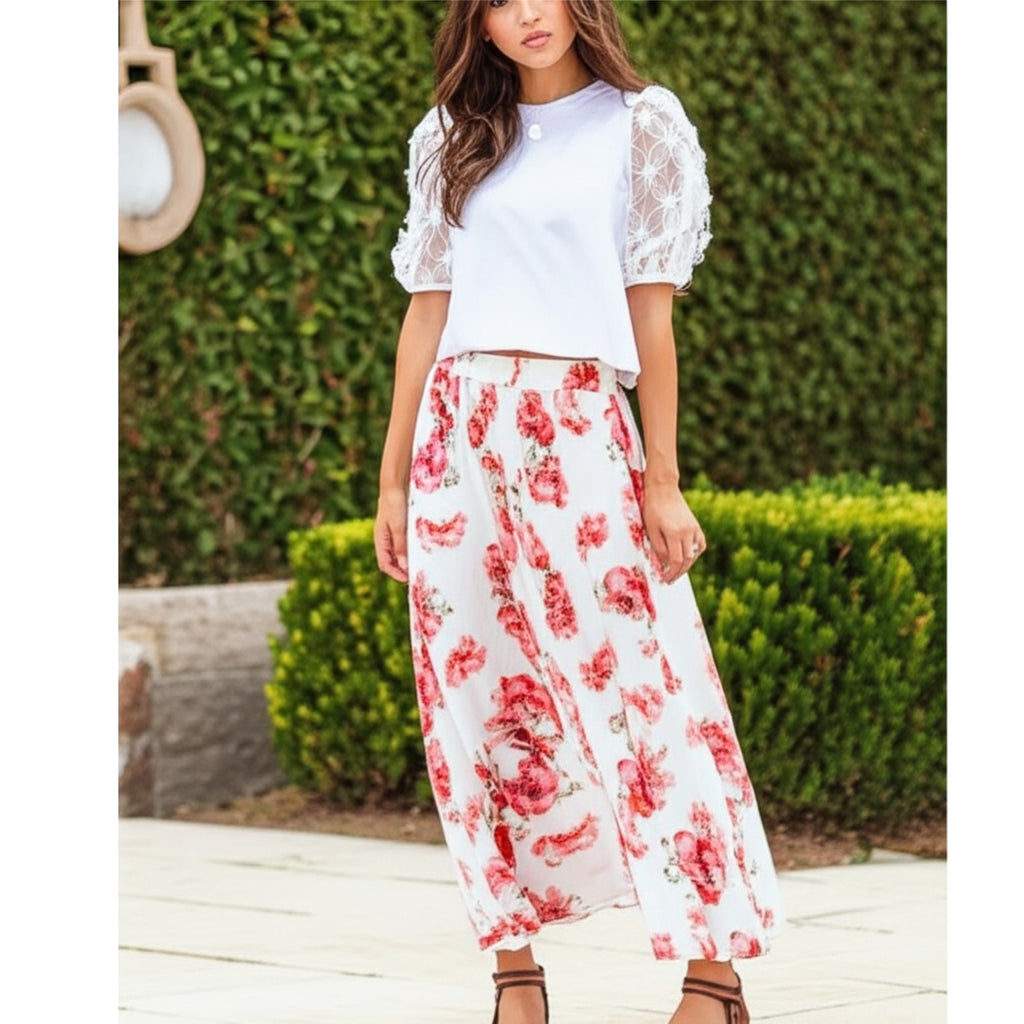 SOUTHERN GRACE White Blossoms Short Puff Sleeve Blouse