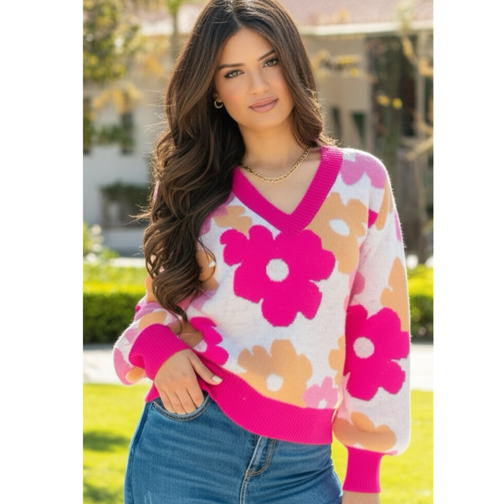SOUTHERN GRACE Dazed For Days Floral V Neck Sweater in Pink Beige