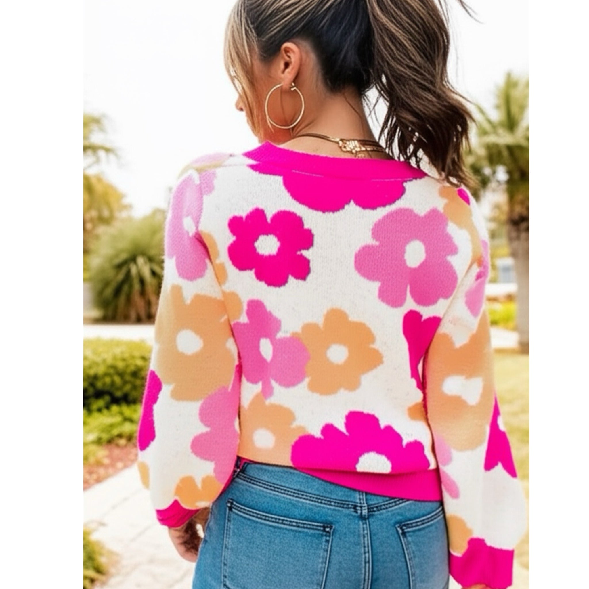 SOUTHERN GRACE Dazed For Days Floral V Neck Sweater in Pink Beige