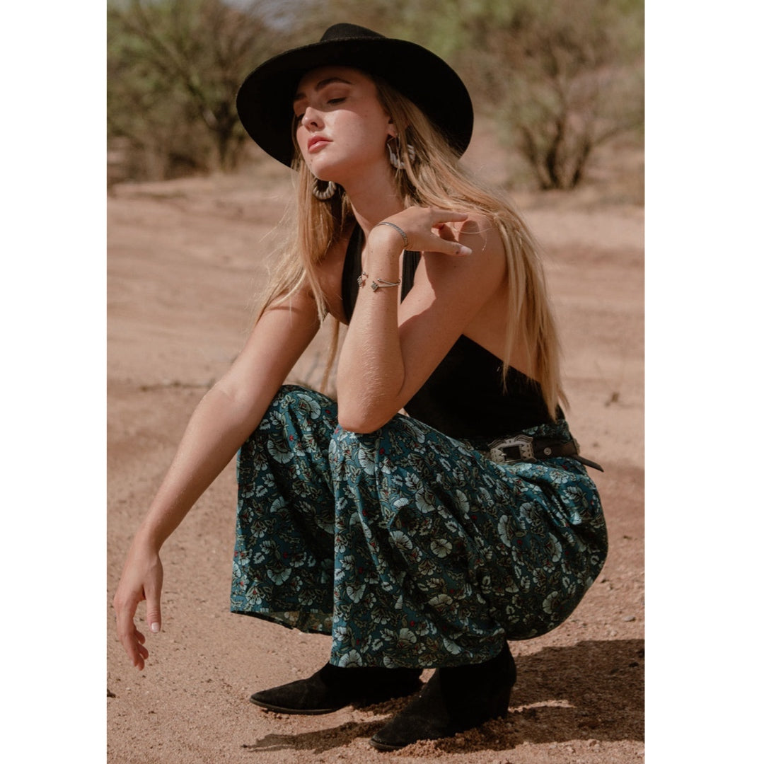 BAND OF THE FREE Elise Teal Floral Boho High Waist Wide Leg Pants
