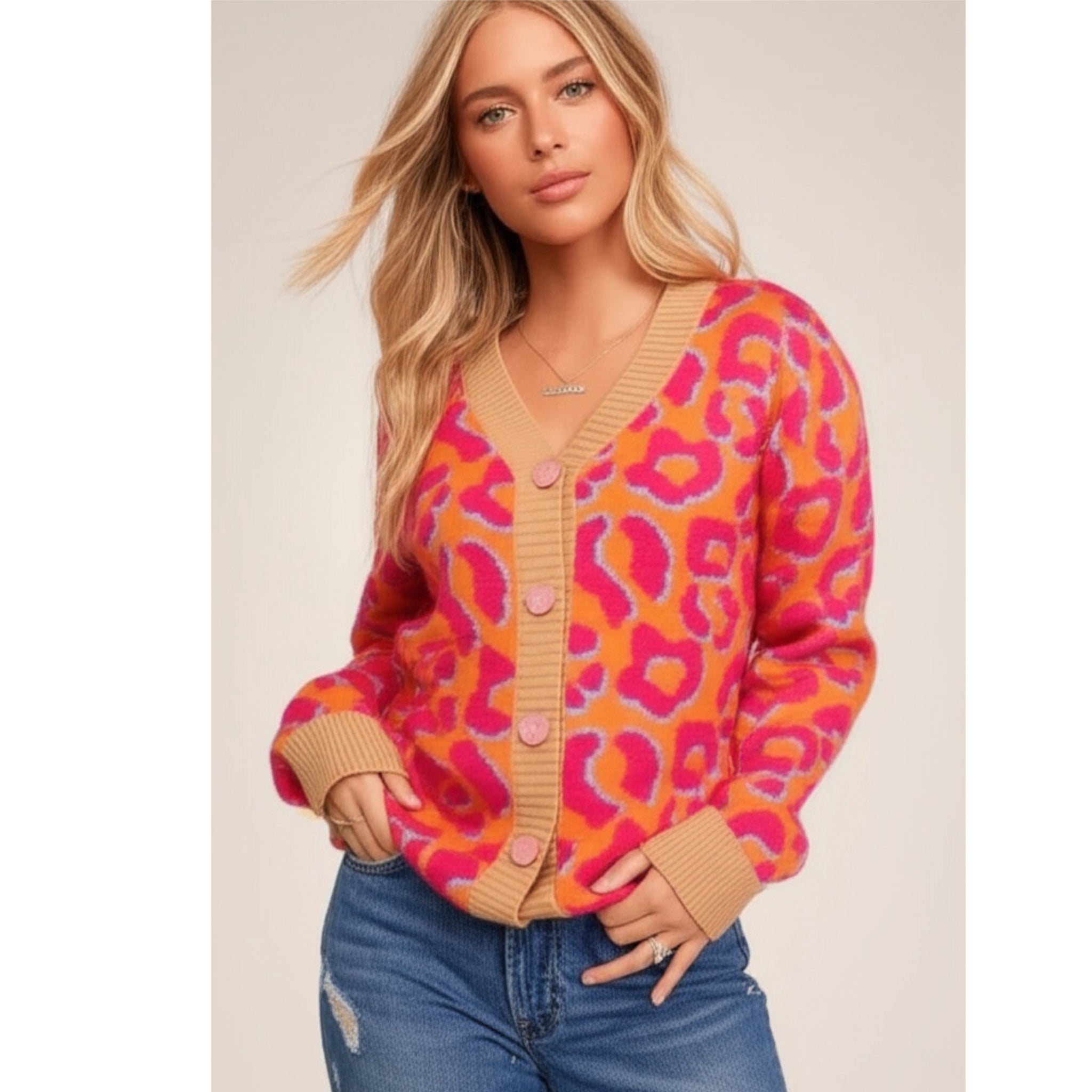 SOUTHERN GRACE Funky Feline Leopard Cardigan Sweater in Pink