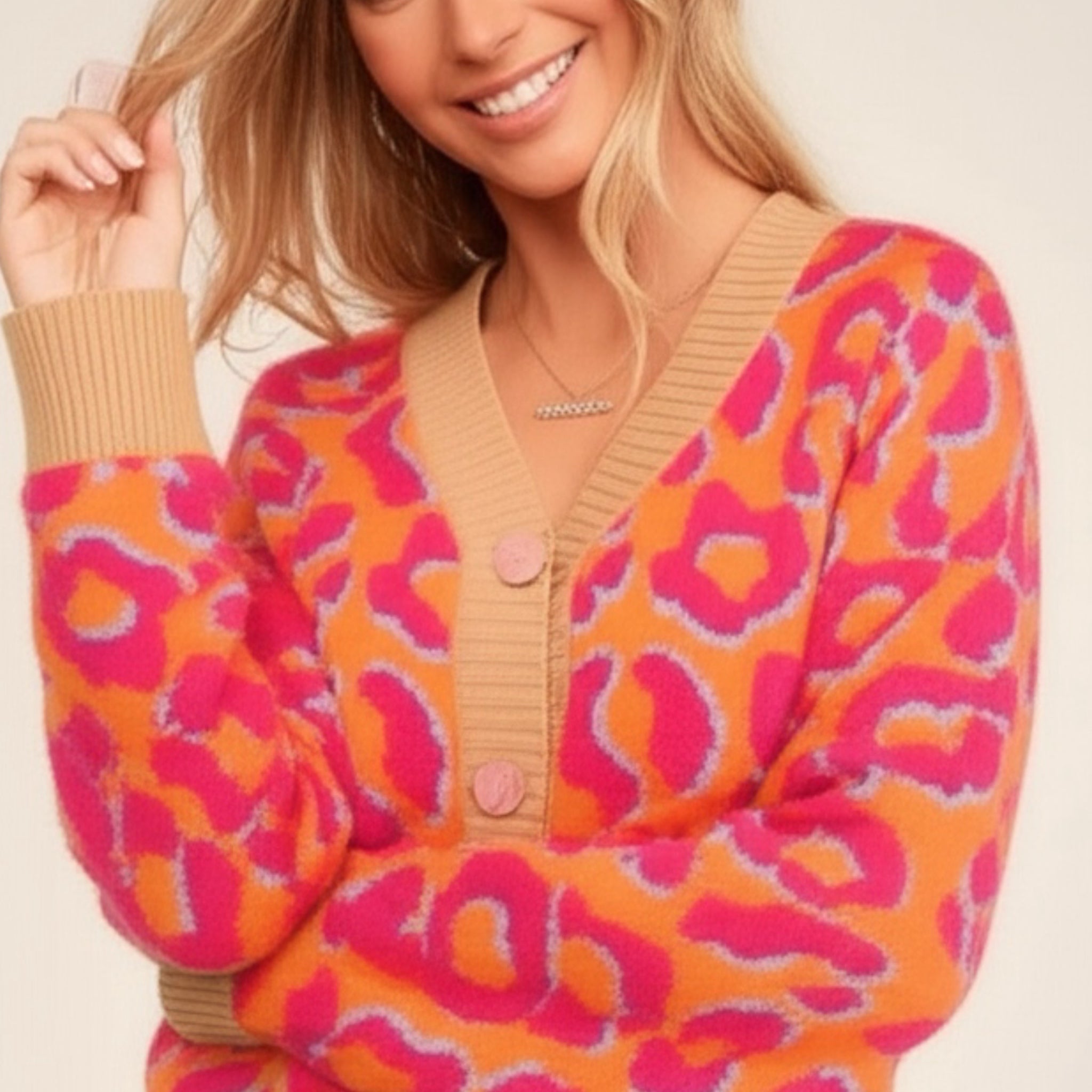 SOUTHERN GRACE Funky Feline Leopard Cardigan Sweater in Pink