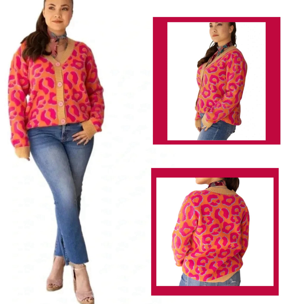 SOUTHERN GRACE Funky Feline Leopard Cardigan Sweater in Pink