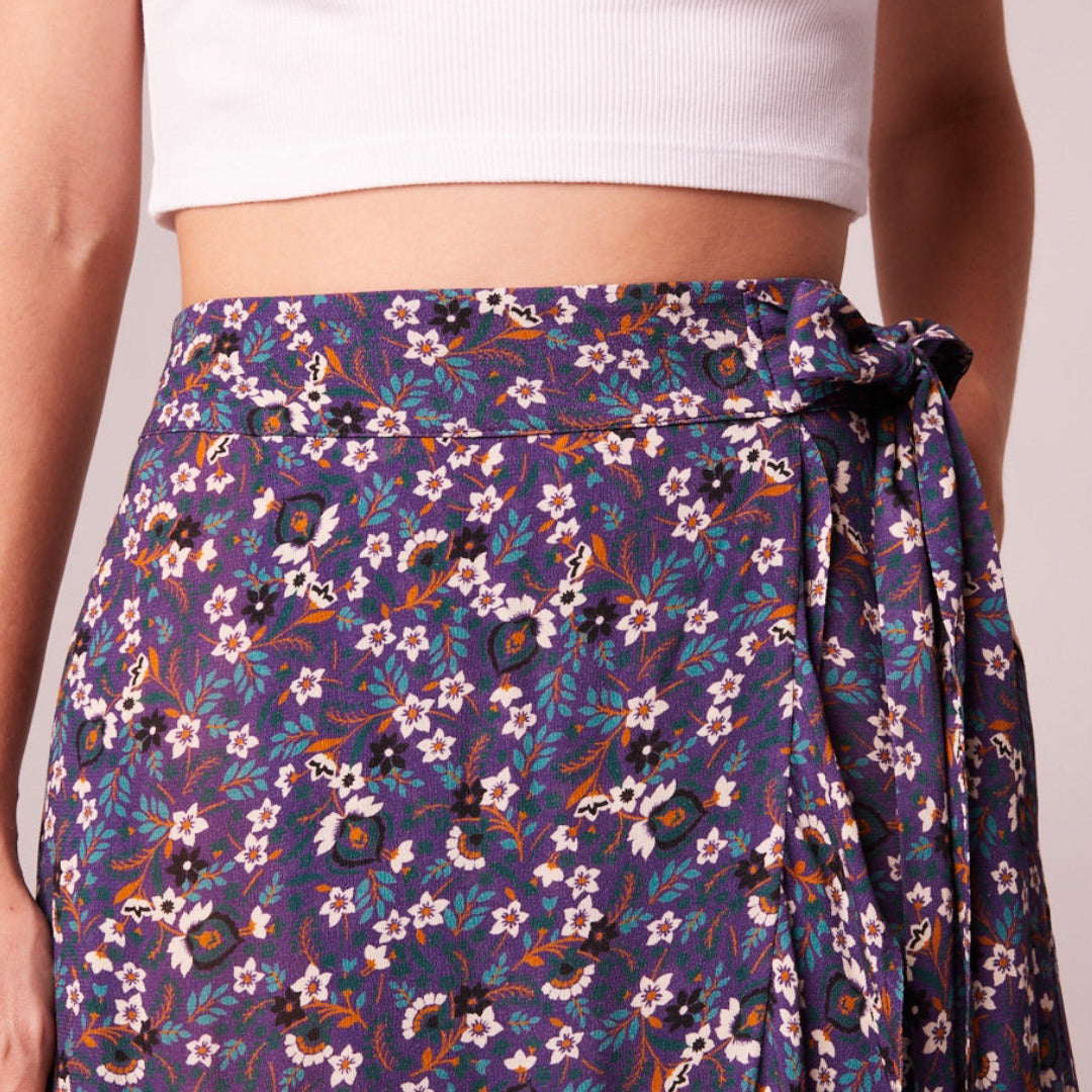 BAND OF THE FREE Linaelle Purple Floral Faux Wrap Skirt Midi