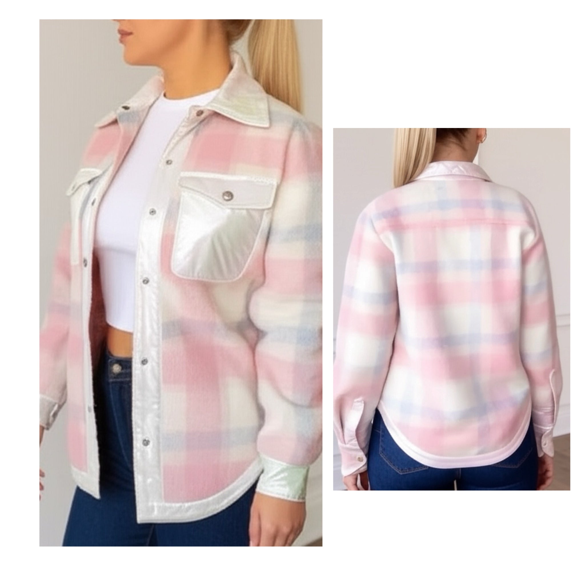 SOUTHERN GRACE Pretty in Pink Tweed Plaid Silver Buttoned Shacket
