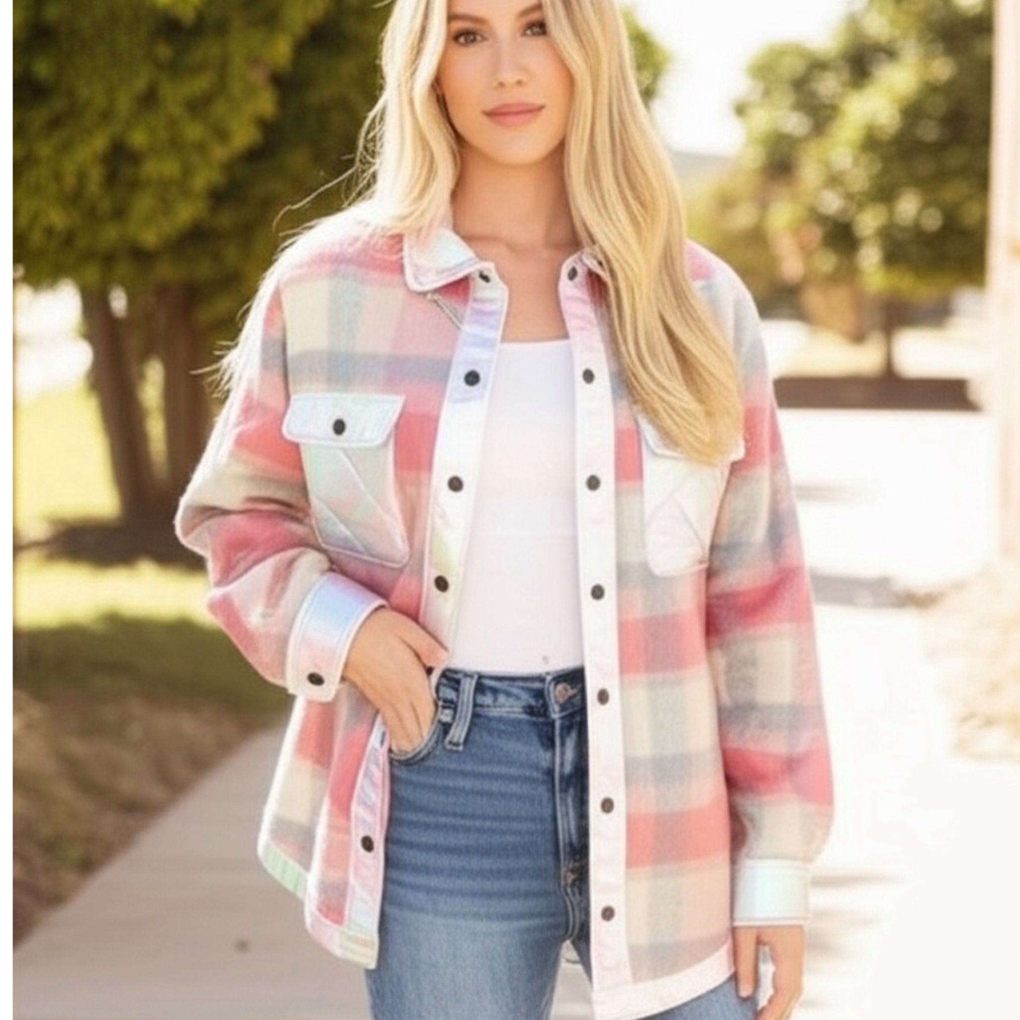 SOUTHERN GRACE Pretty in Pink Tweed Plaid Silver Buttoned Shacket