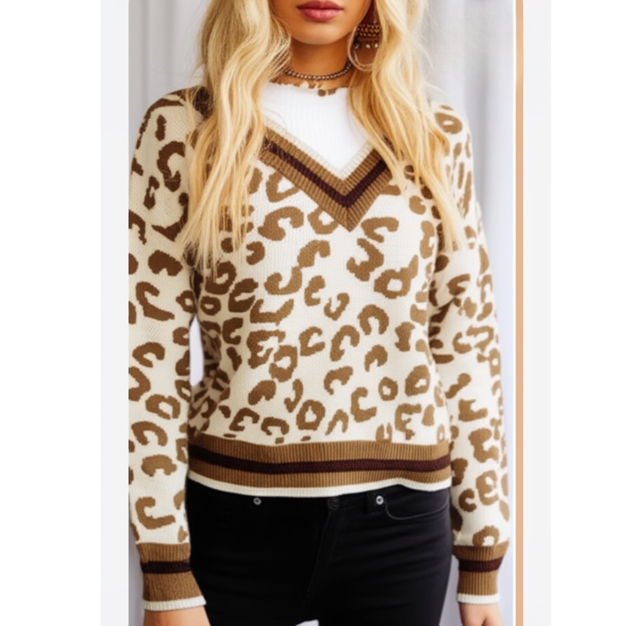 FUNKITRIBE Animal Print Light Knit V Neck Drop Shoulder Winter Sweater Sparkle Accents