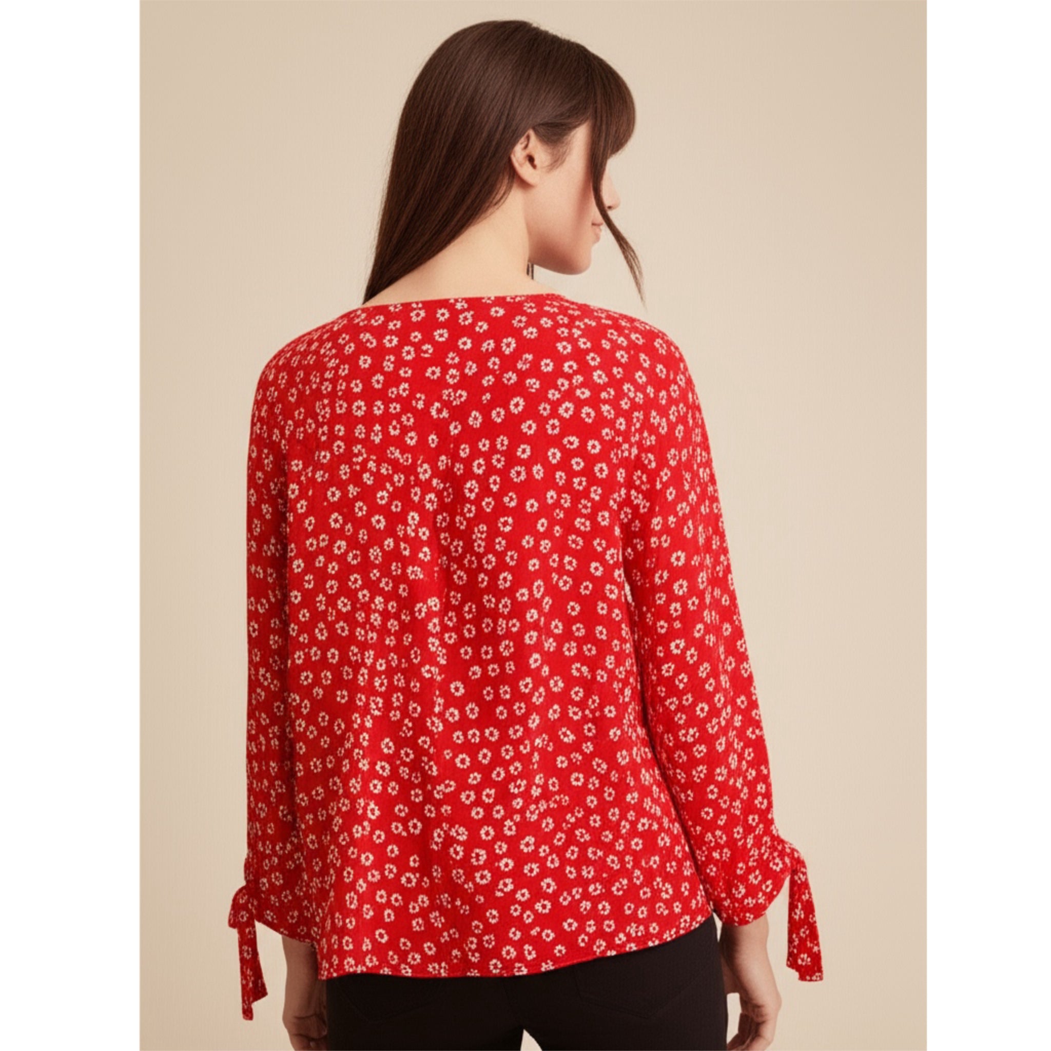 CeCe Daisy Floral Red Blouse 3/4 Sleeve Tie Cuff V Neck Top