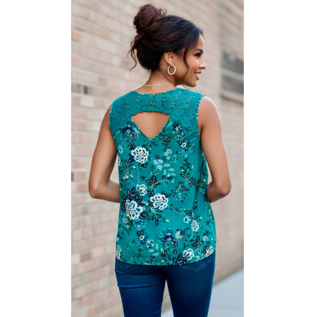 Daniel Rainn Tropical Green Floral Sleeveless Blouse Crochet Lace
