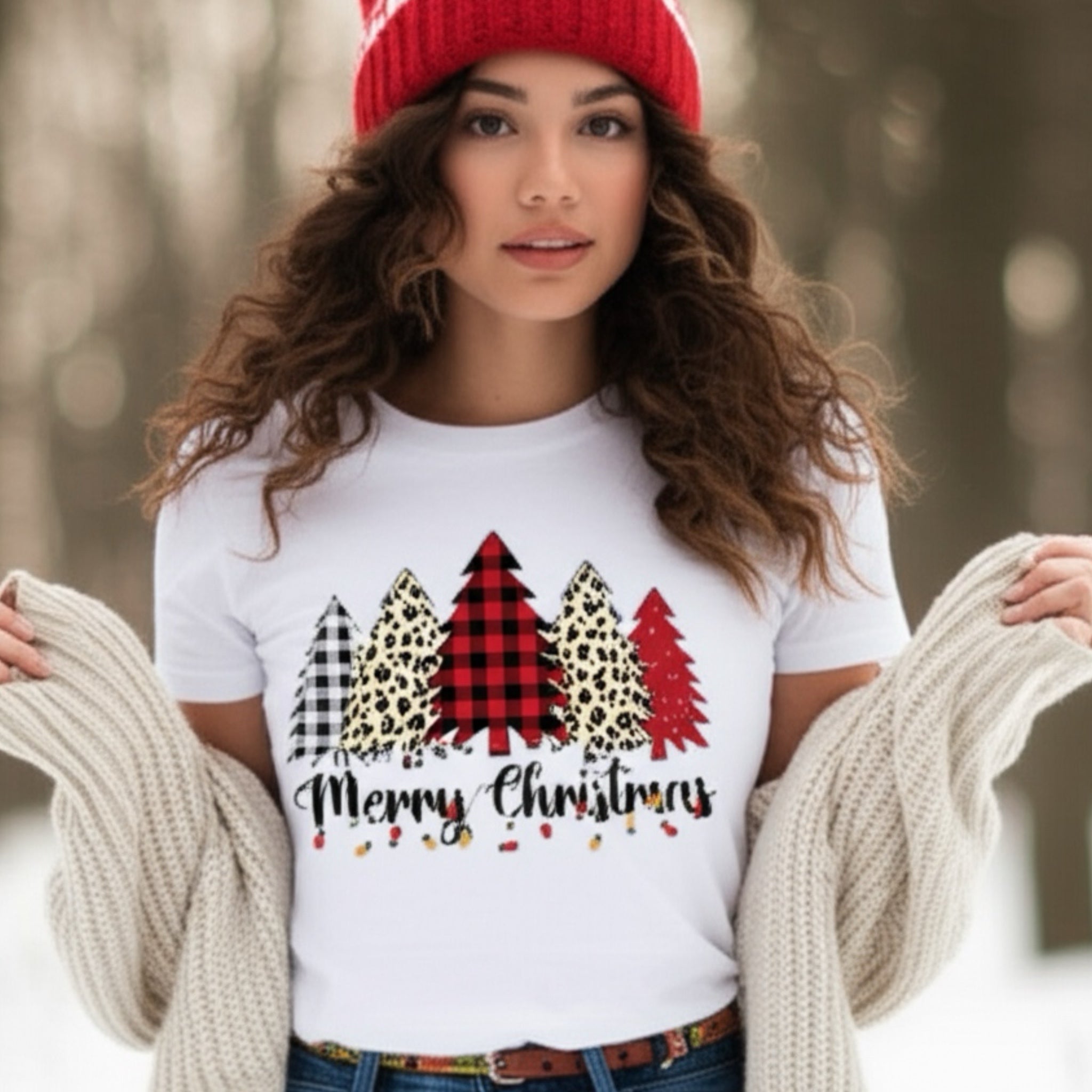 Merry Christmas Plaid Leopard Print Tree Graphic Oversized Cotton T Shirt