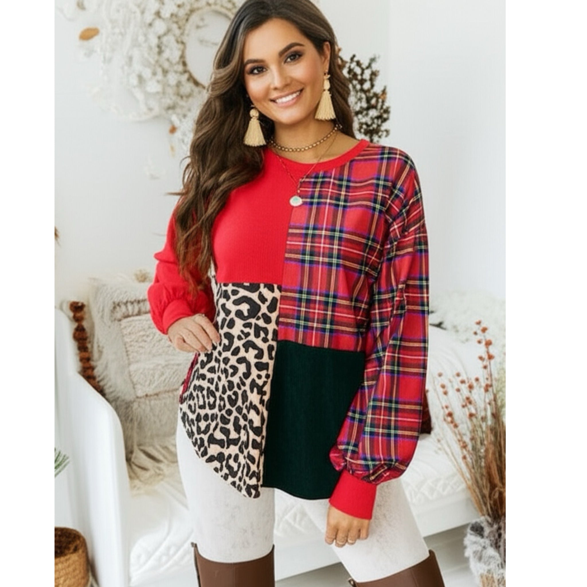SOUTHERN GRACE Holiday Fusion Patchwork Blouse Animal Plaid in Red