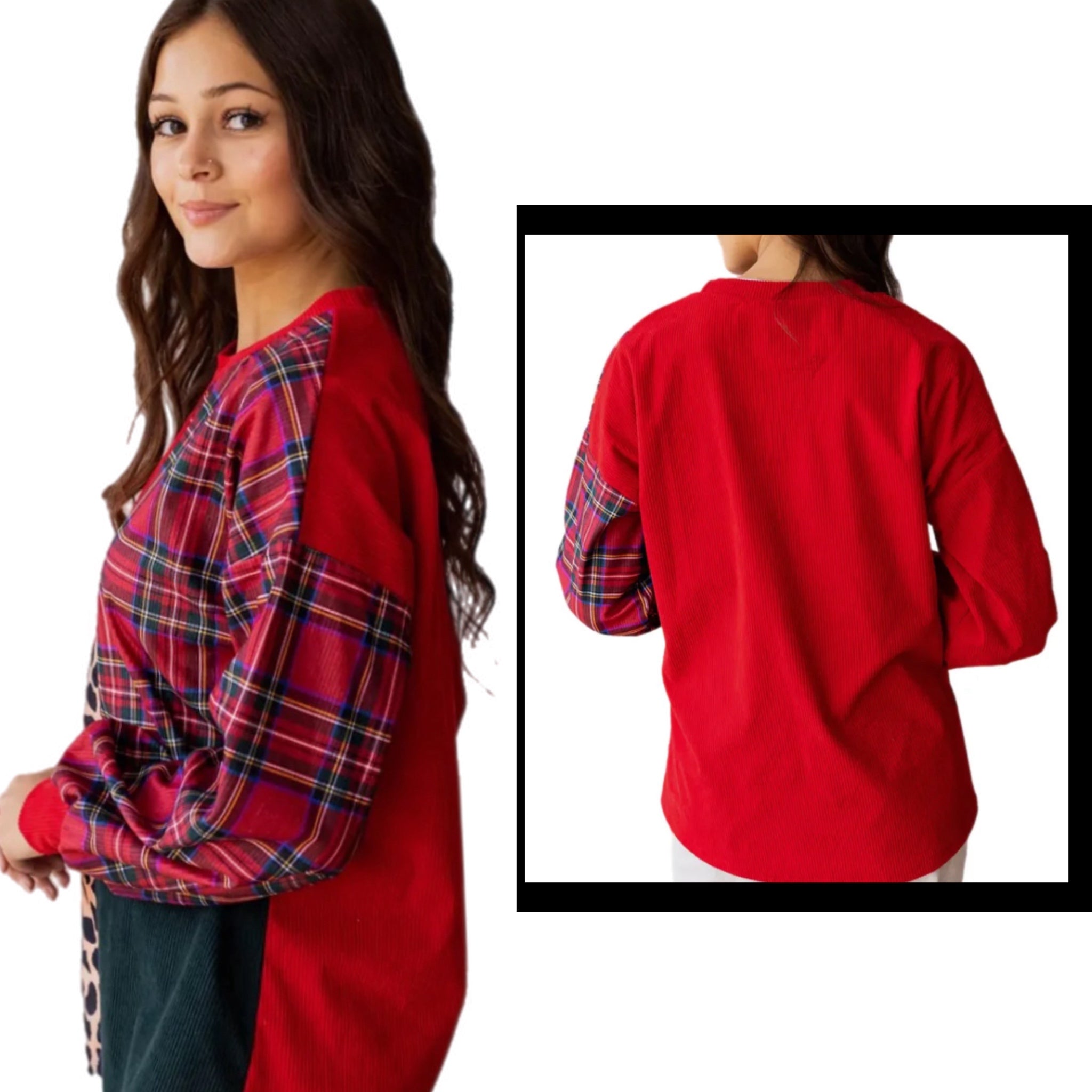SOUTHERN GRACE Holiday Fusion Patchwork Blouse Animal Plaid in Red