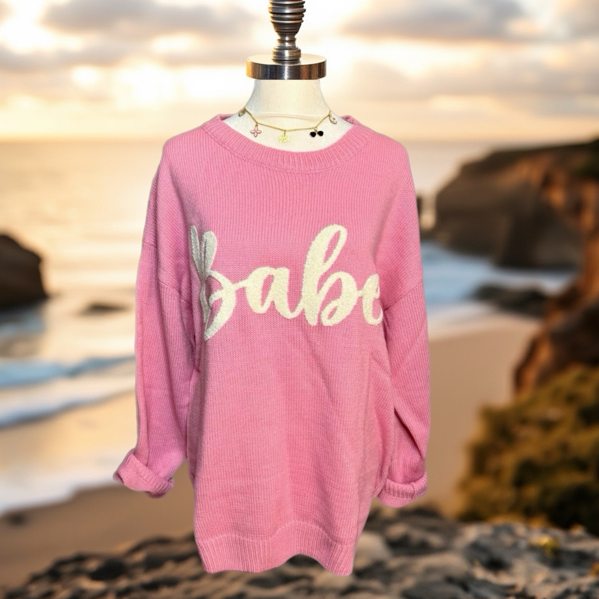 HAPTICS Pink "BABE" Embroidered Knit Oversized Sweater Large Only