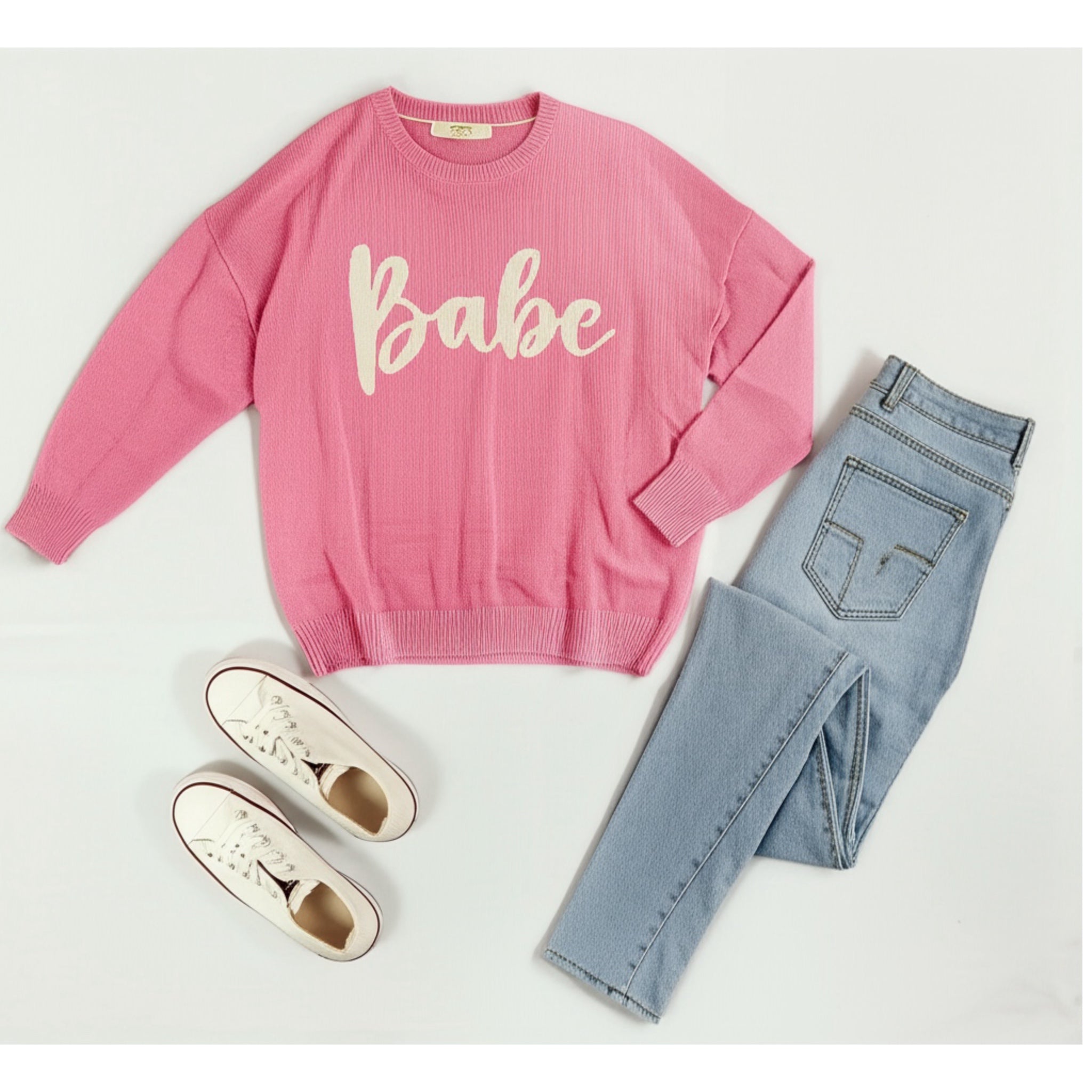 HAPTICS Pink "BABE" Embroidered Knit Oversized Sweater Large Only