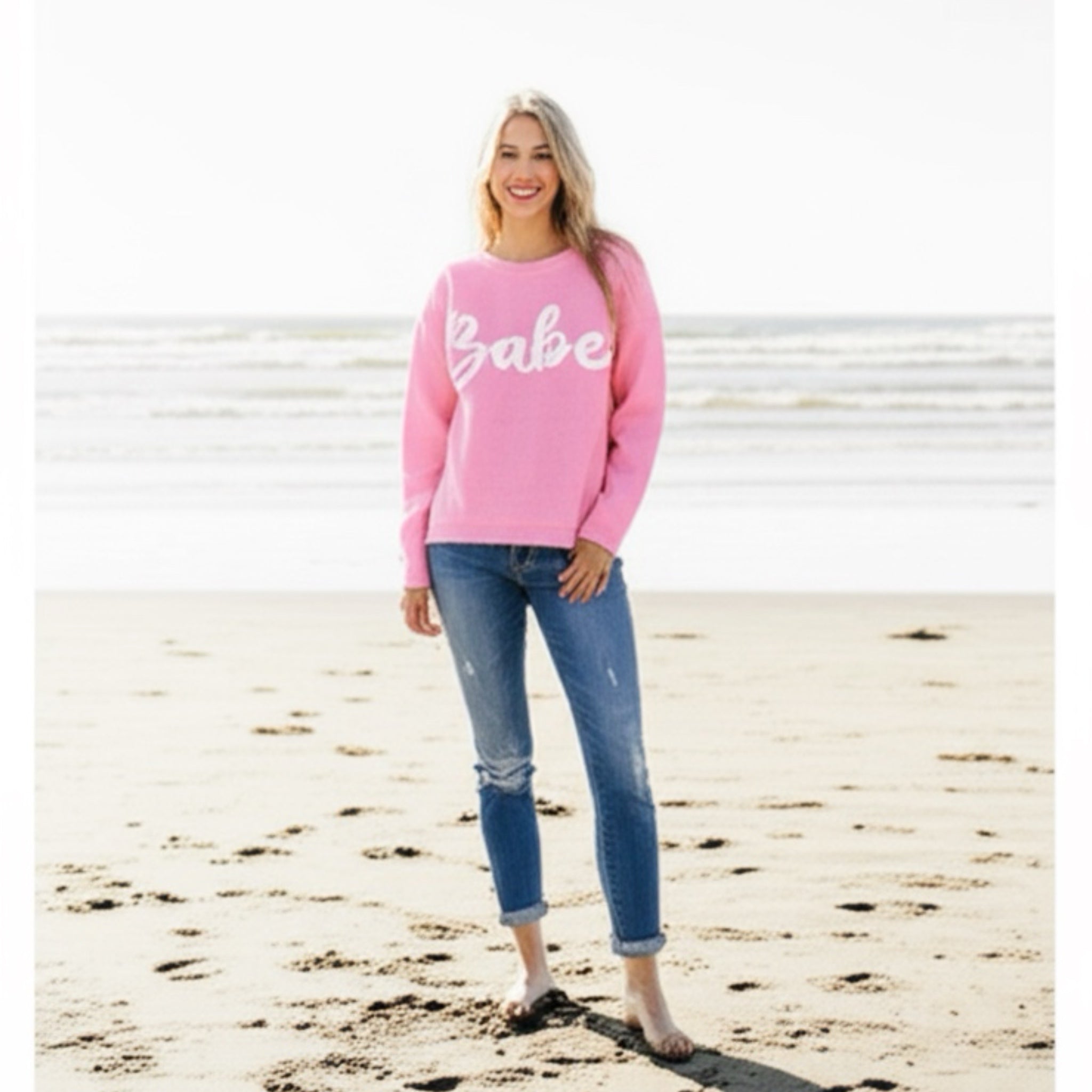 HAPTICS Pink "BABE" Embroidered Knit Oversized Sweater Large Only