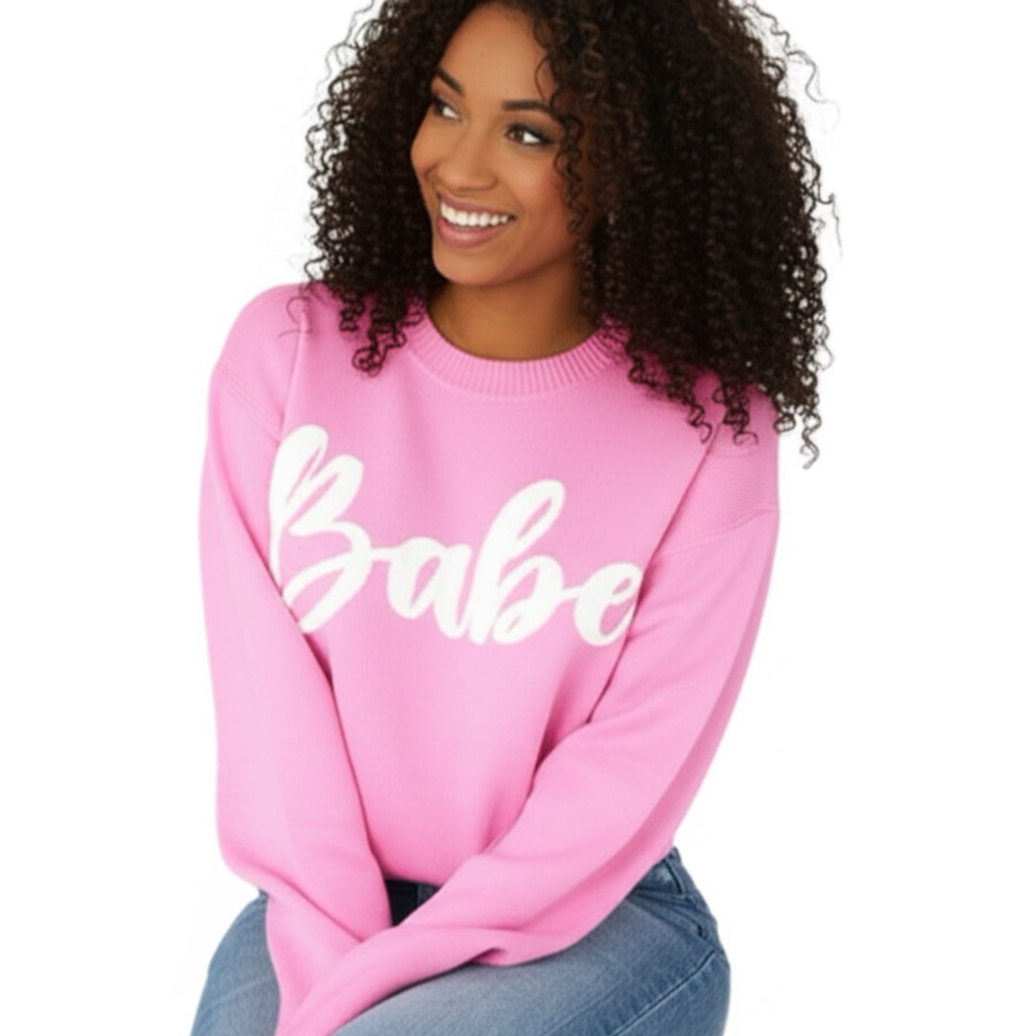 HAPTICS Pink "BABE" Embroidered Knit Oversized Sweater Large Only