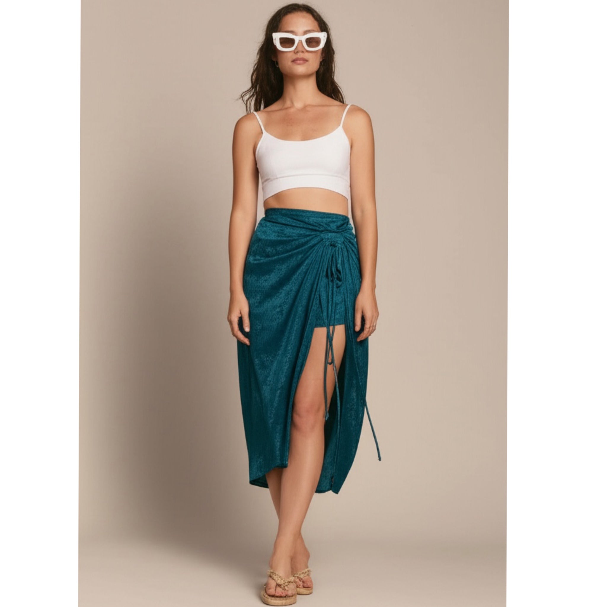 BAND OF THE FREE Celene Deep Teal Layered Midi Skirt